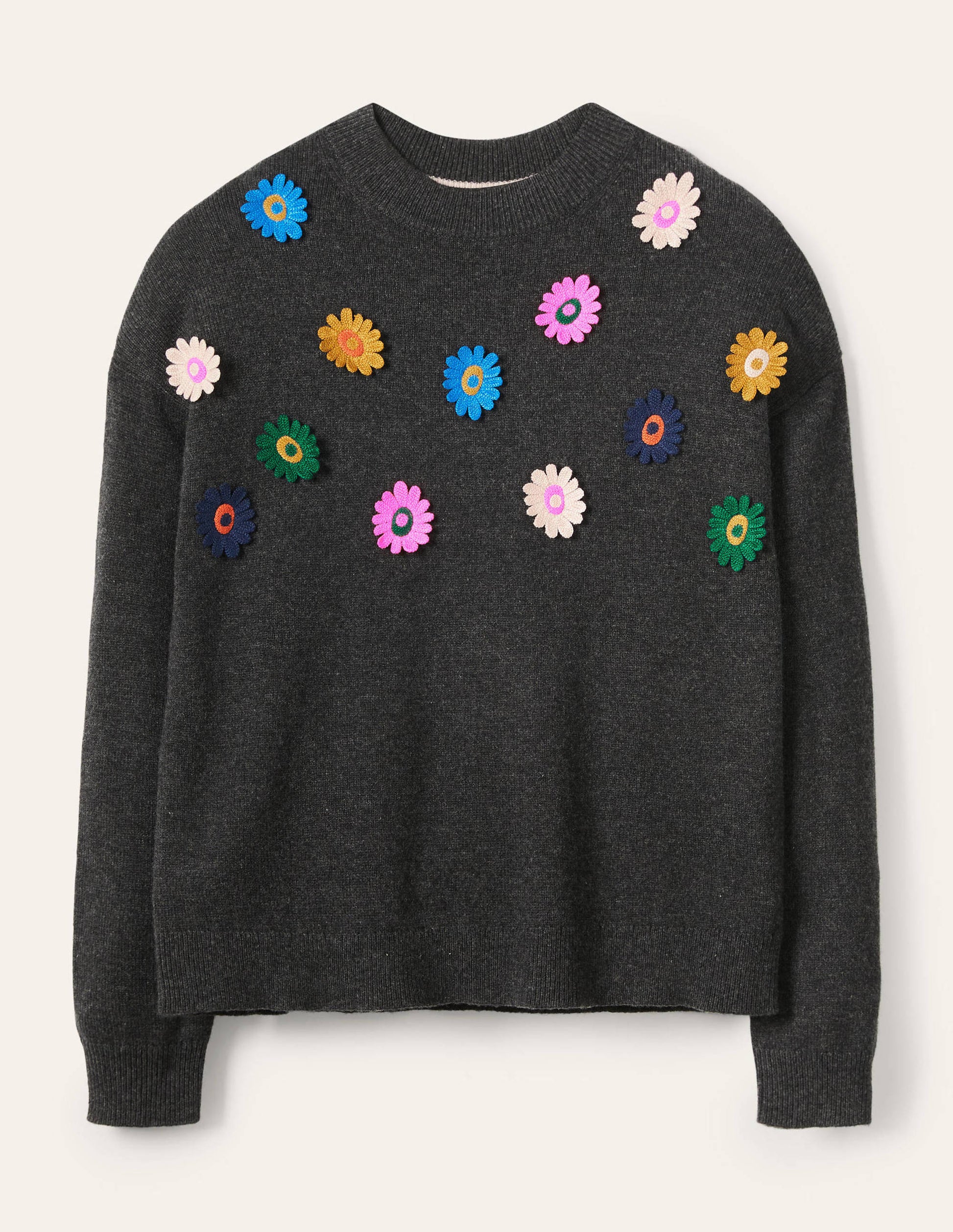 Lockerer Pullover mit Stickerei-Anthrazit Melange, Sonnenblume-5