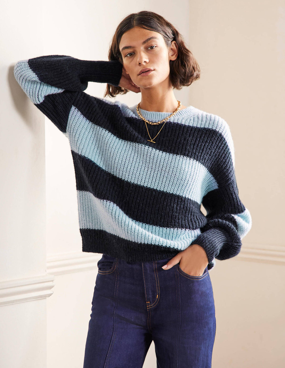 Pull duveteux à manches blousantes-Rayé multi bleu - Image 1