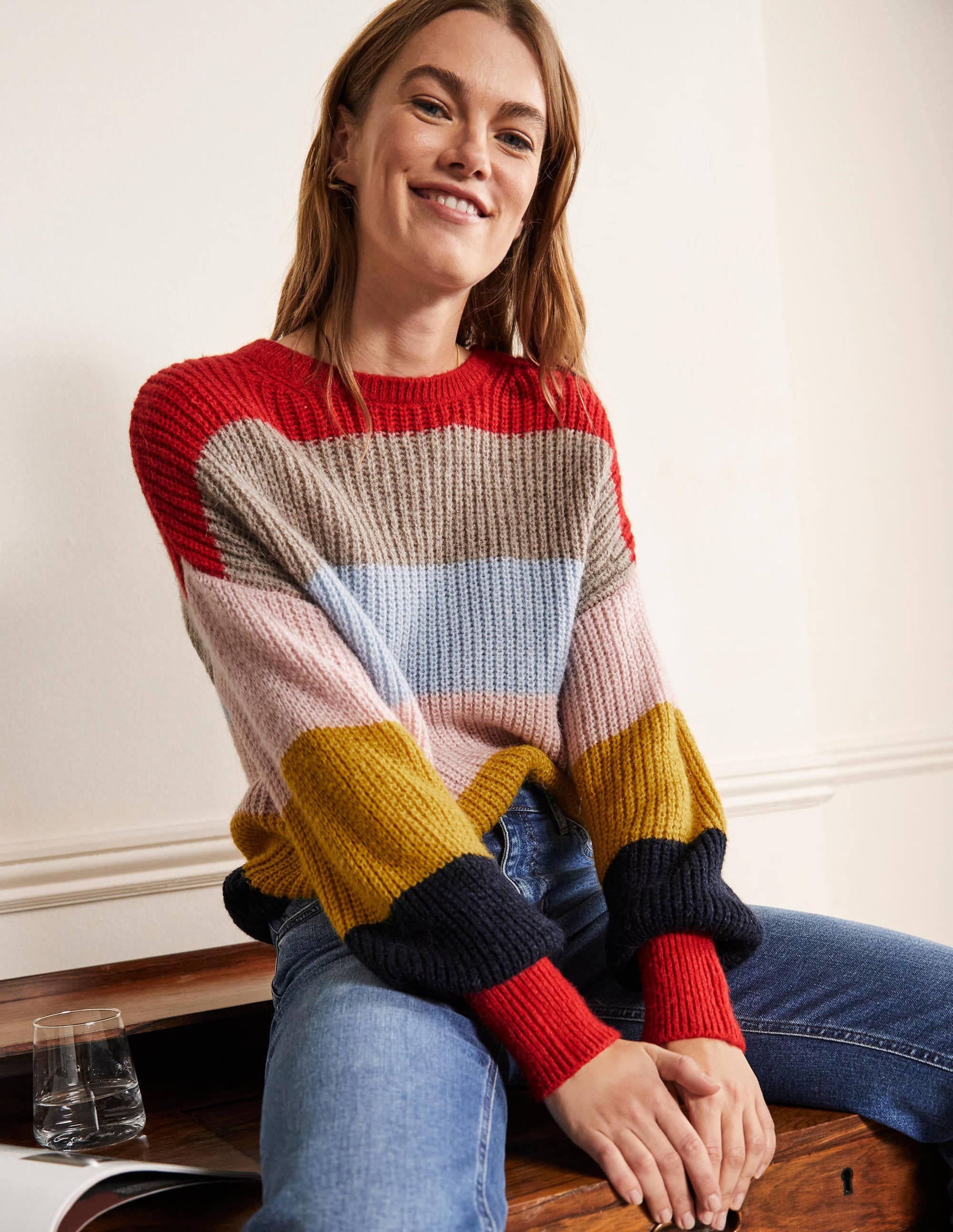 Flauschiger Pullover mit gerafften Blousonärmeln-Flauschiger Regenbogen, Bunt Gestreift - Image 1