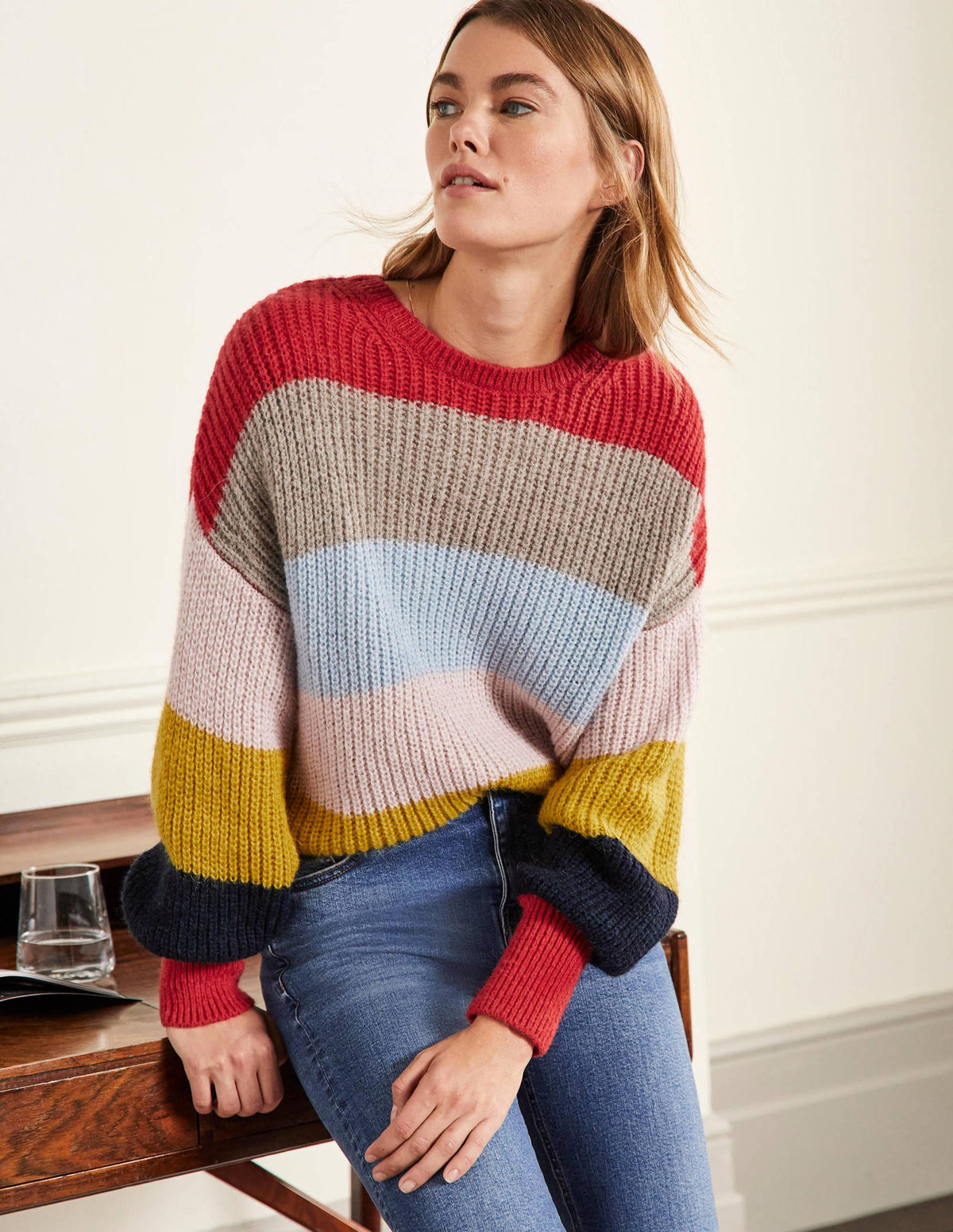 Flauschiger Pullover mit gerafften Blousonärmeln-Flauschiger Regenbogen, Bunt Gestreift - Image 4