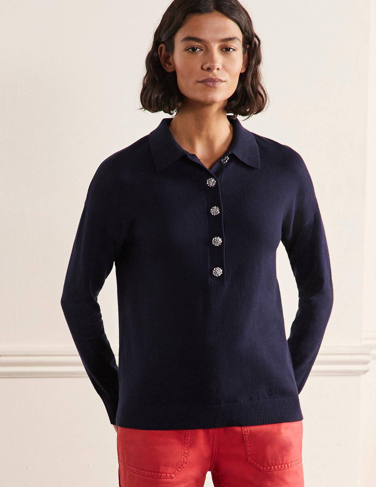 Jewelled Button Rugby Jumper-Navy - Image 5