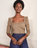 Pull col carré à manches bouffantes-Taupe foncé chiné