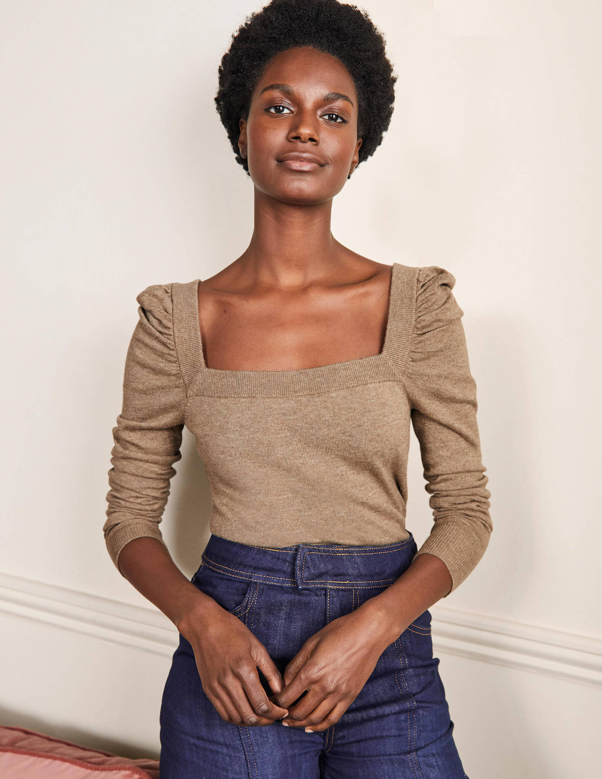 Pull col carré à manches bouffantes-Taupe foncé chiné - Image 1