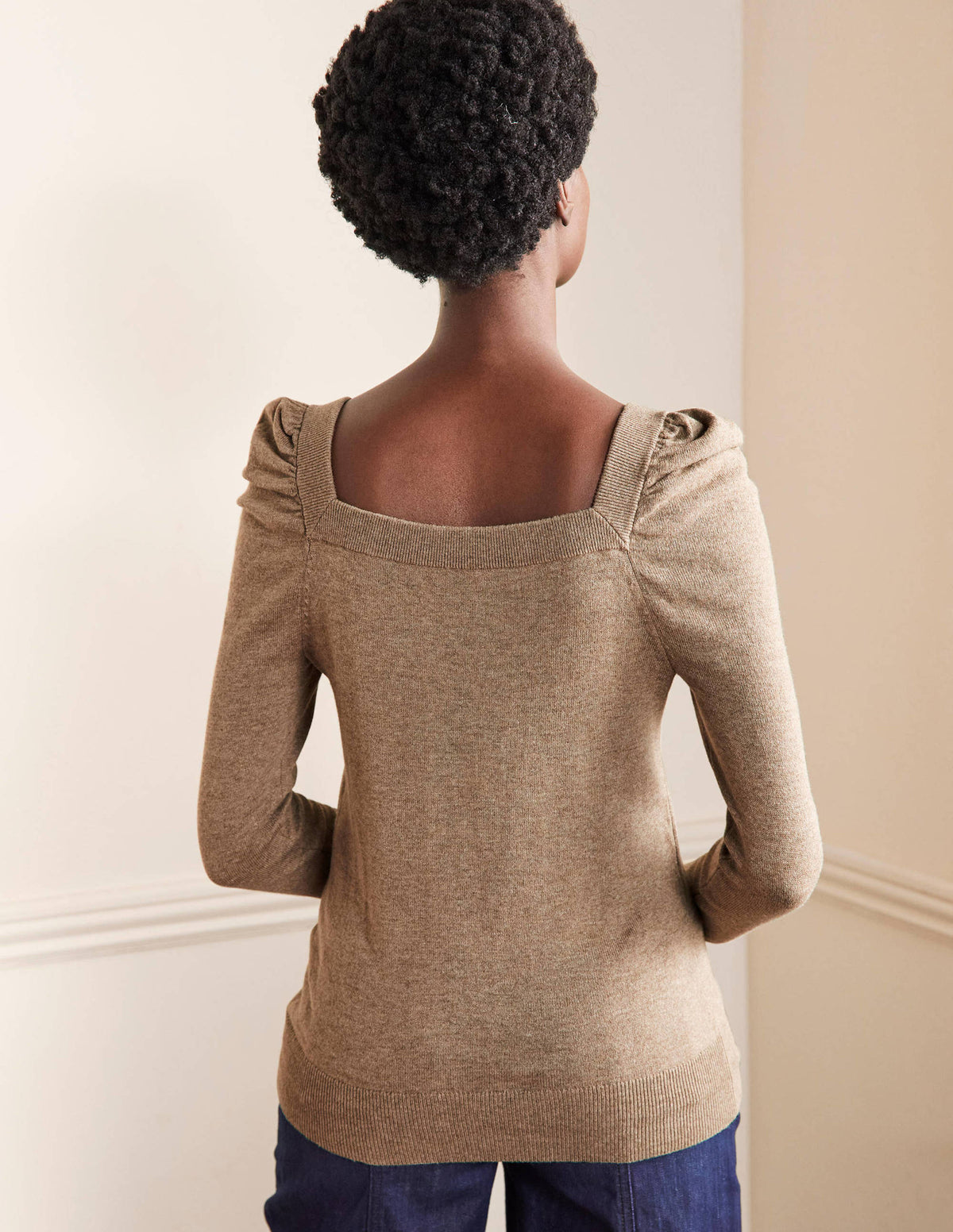 Pull col carré à manches bouffantes-Taupe foncé chiné-3