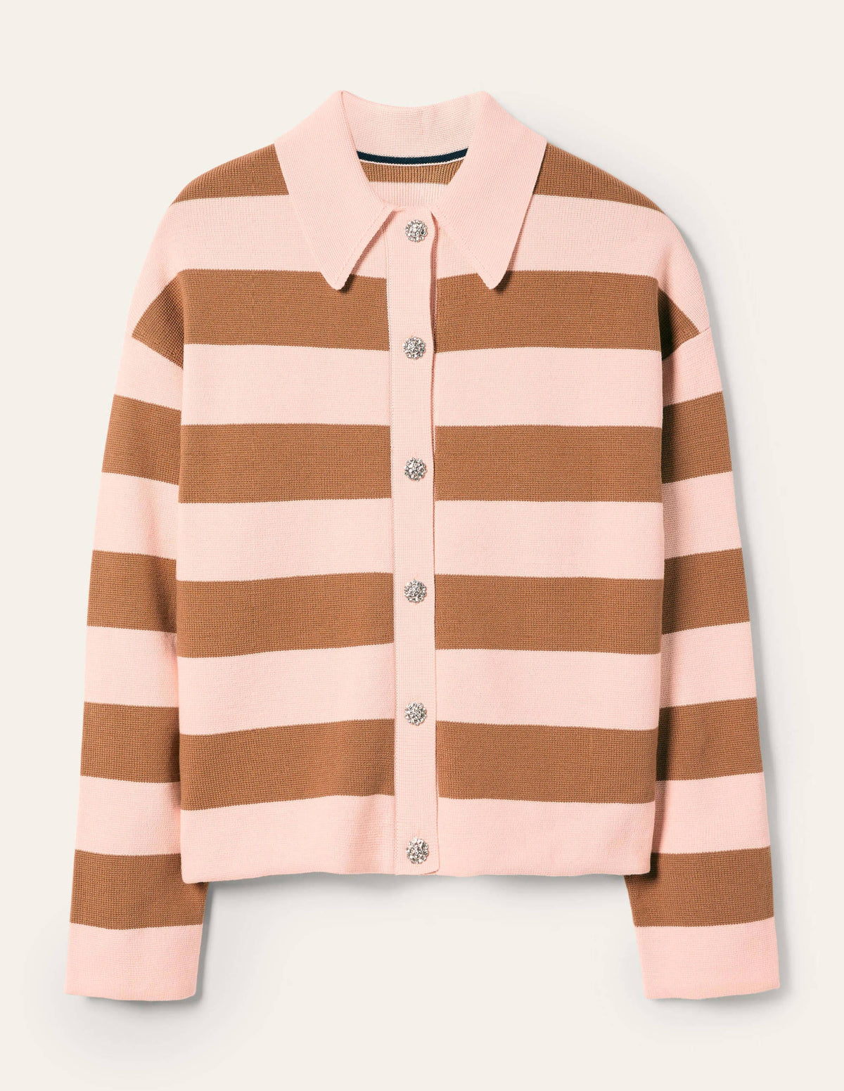 Cardigan mit Kragen und Schmucksteinknopf-Milchshake/Kamelbraun, Gestreift-5