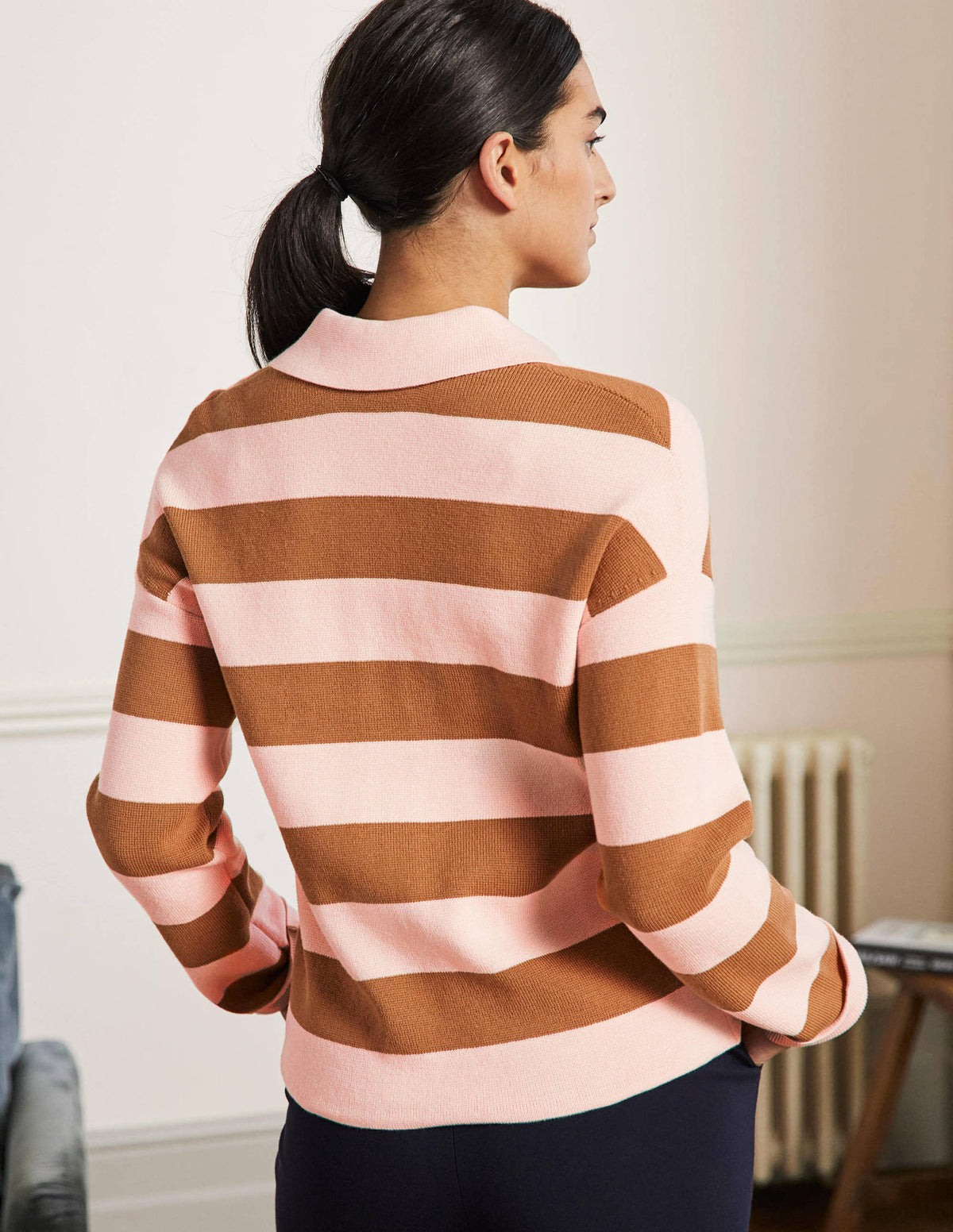 Cardigan mit Kragen und Schmucksteinknopf-Milchshake/Kamelbraun, Gestreift - Image 3