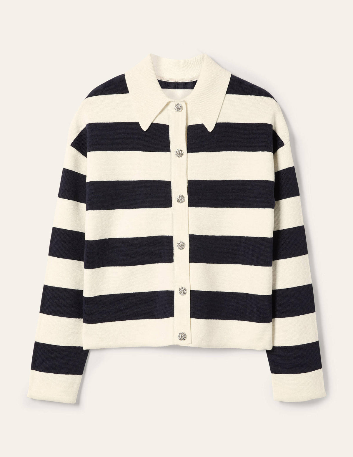 Jewel Button Collared Cardigan-Ivory Mélange, Navy Stripe - Image 5