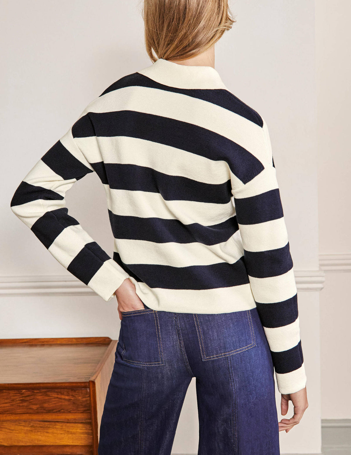 Jewel Button Collared Cardigan-Ivory Mélange, Navy Stripe - Image 3