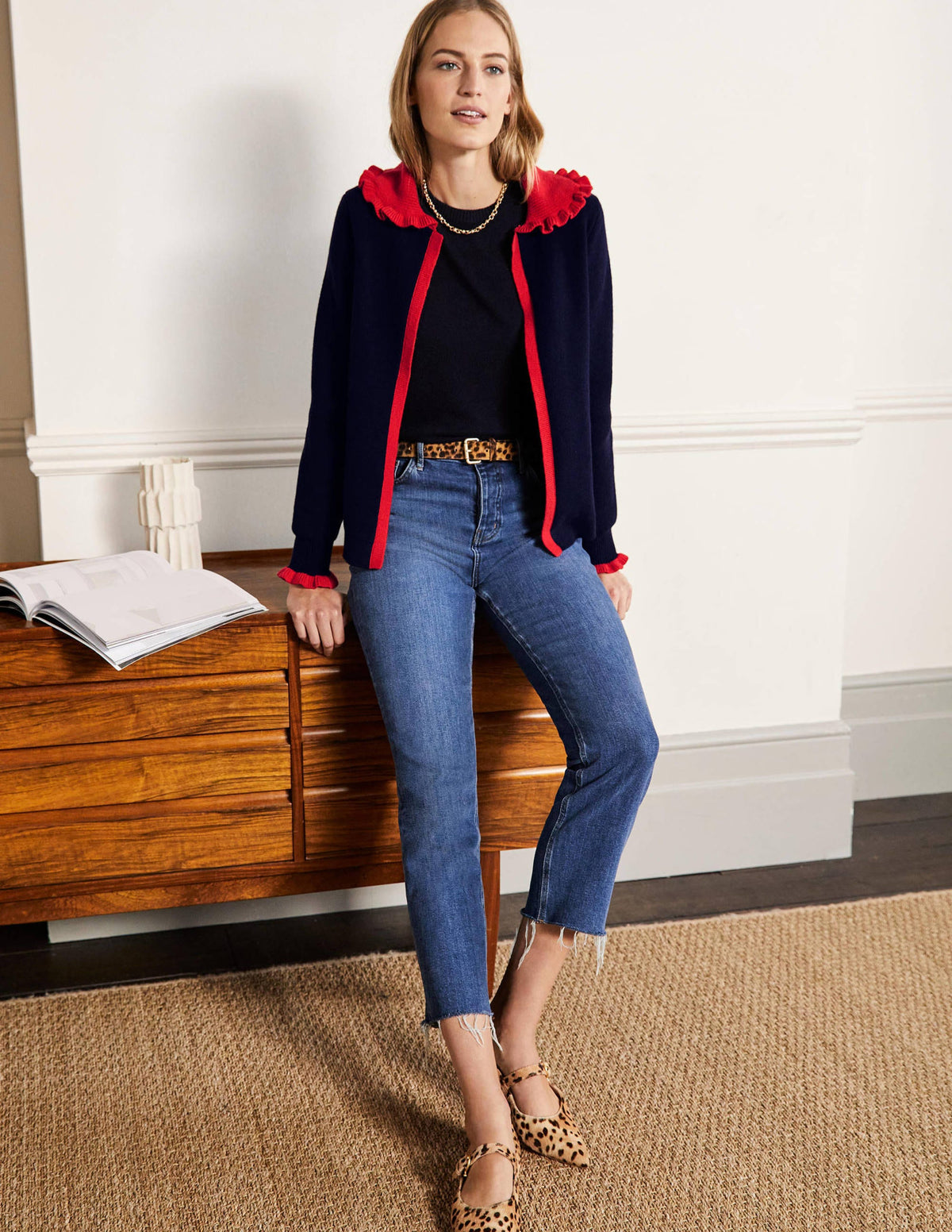 Frill Collared Cardigan-Navy/Bright Poppy-4