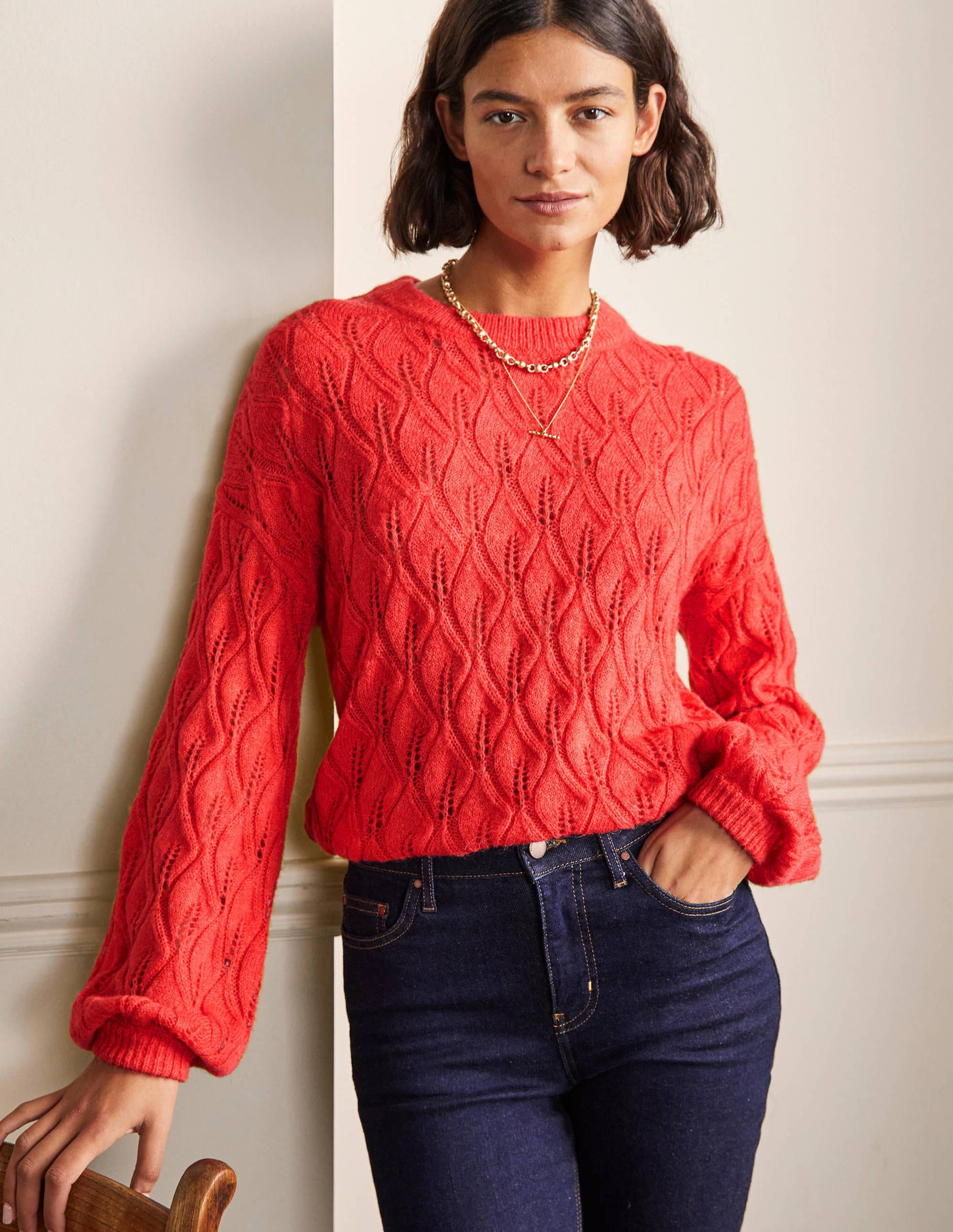 Flauschiger Pointelle-Pullover-Helles Korallenrot-1