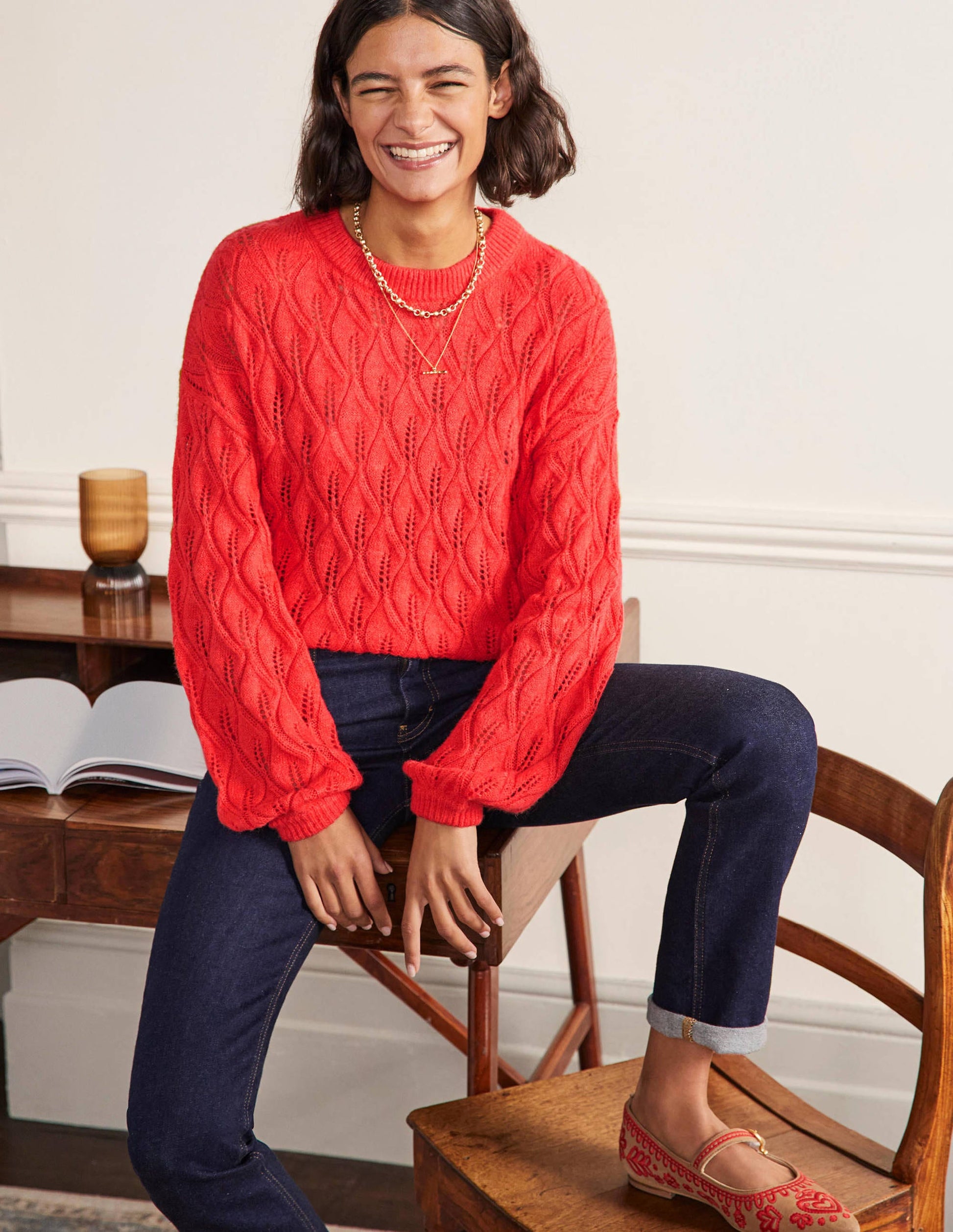 Flauschiger Pointelle-Pullover-Helles Korallenrot-4