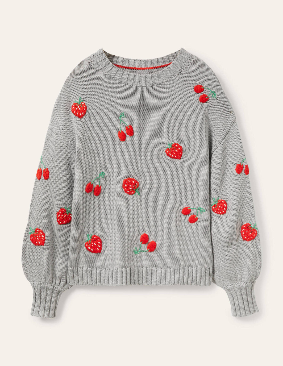 Embroidered Blouson Jumper-Silver Melange, Berries-6
