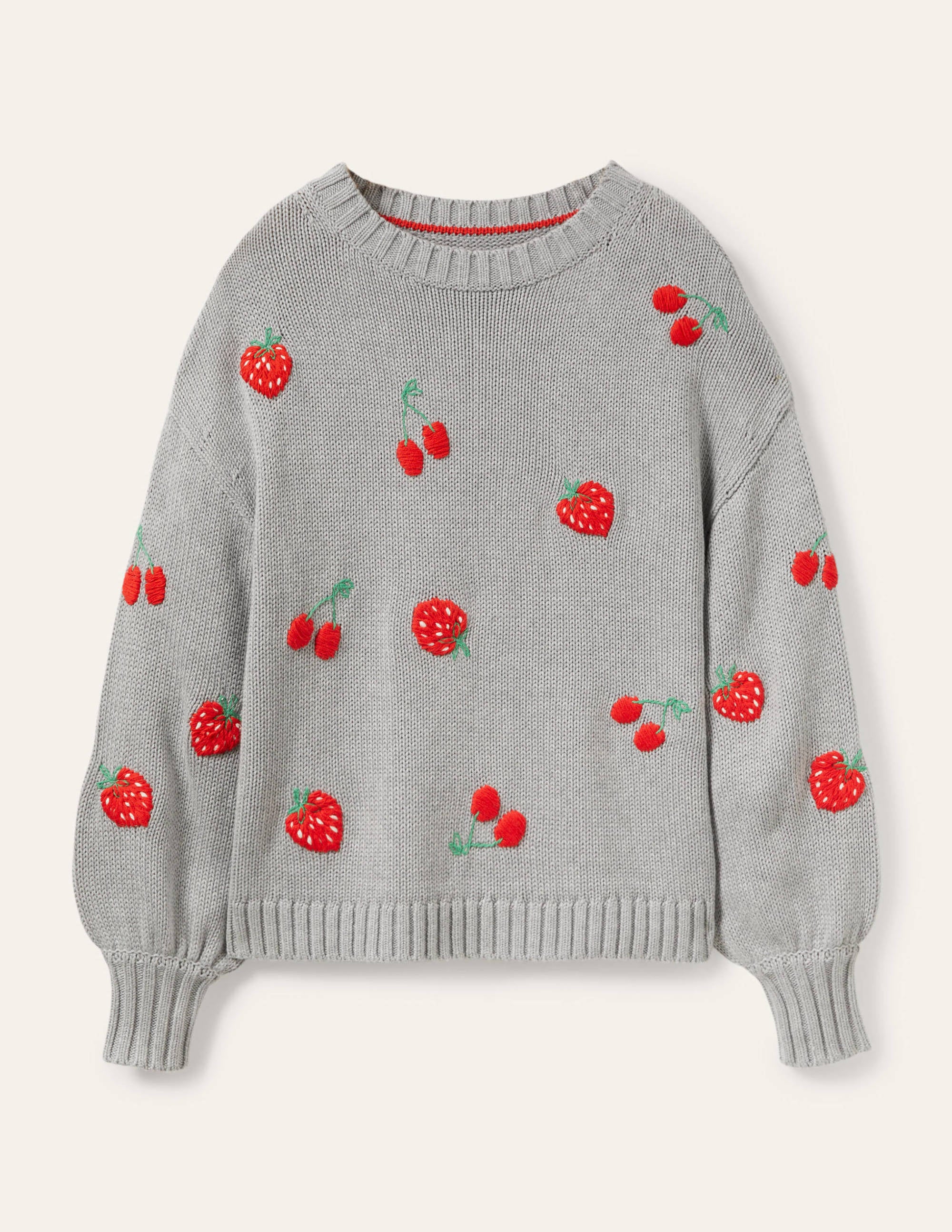 Embroidered Blouson Jumper-Silver Melange, Berries - Image 6