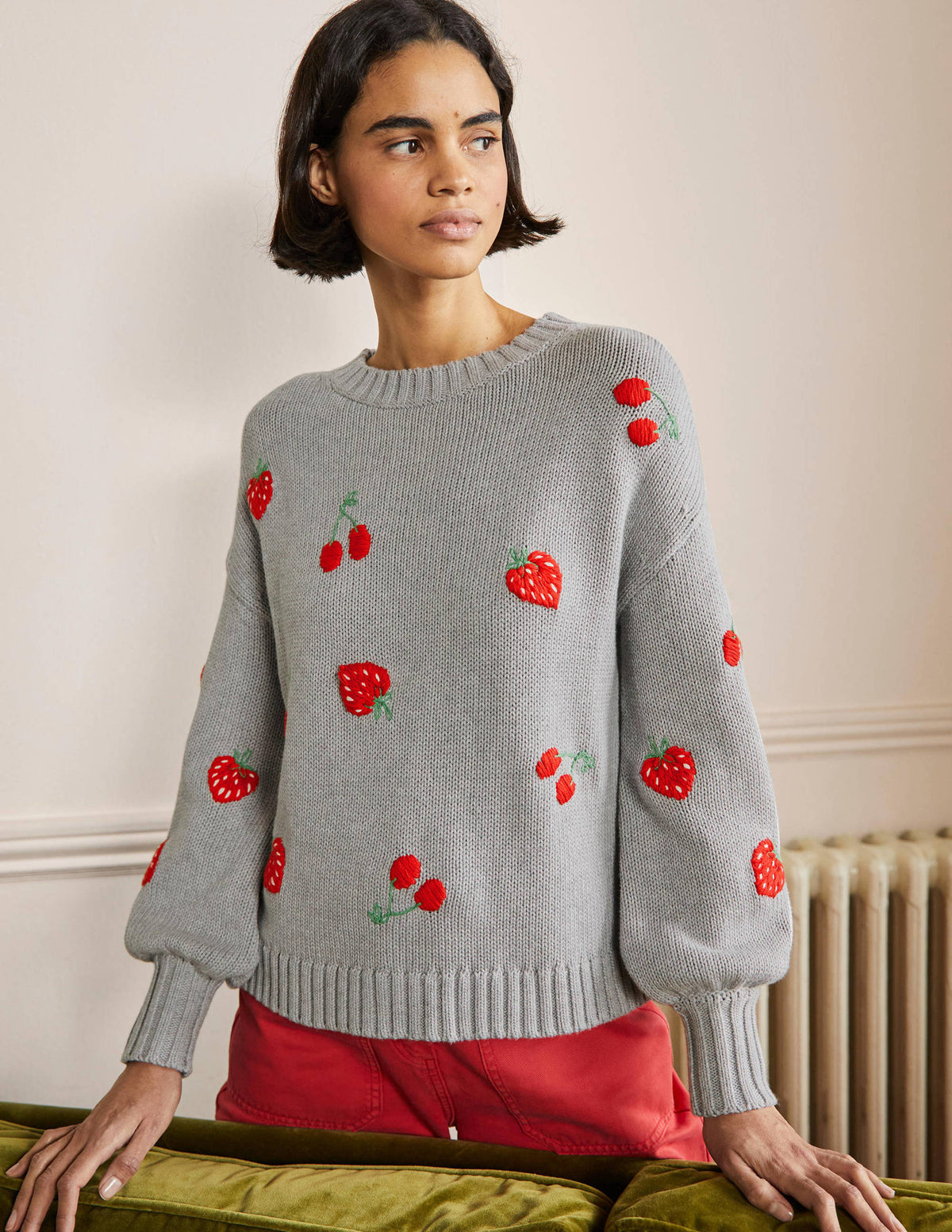 Embroidered Blouson Jumper-Silver Melange, Berries - Image 1