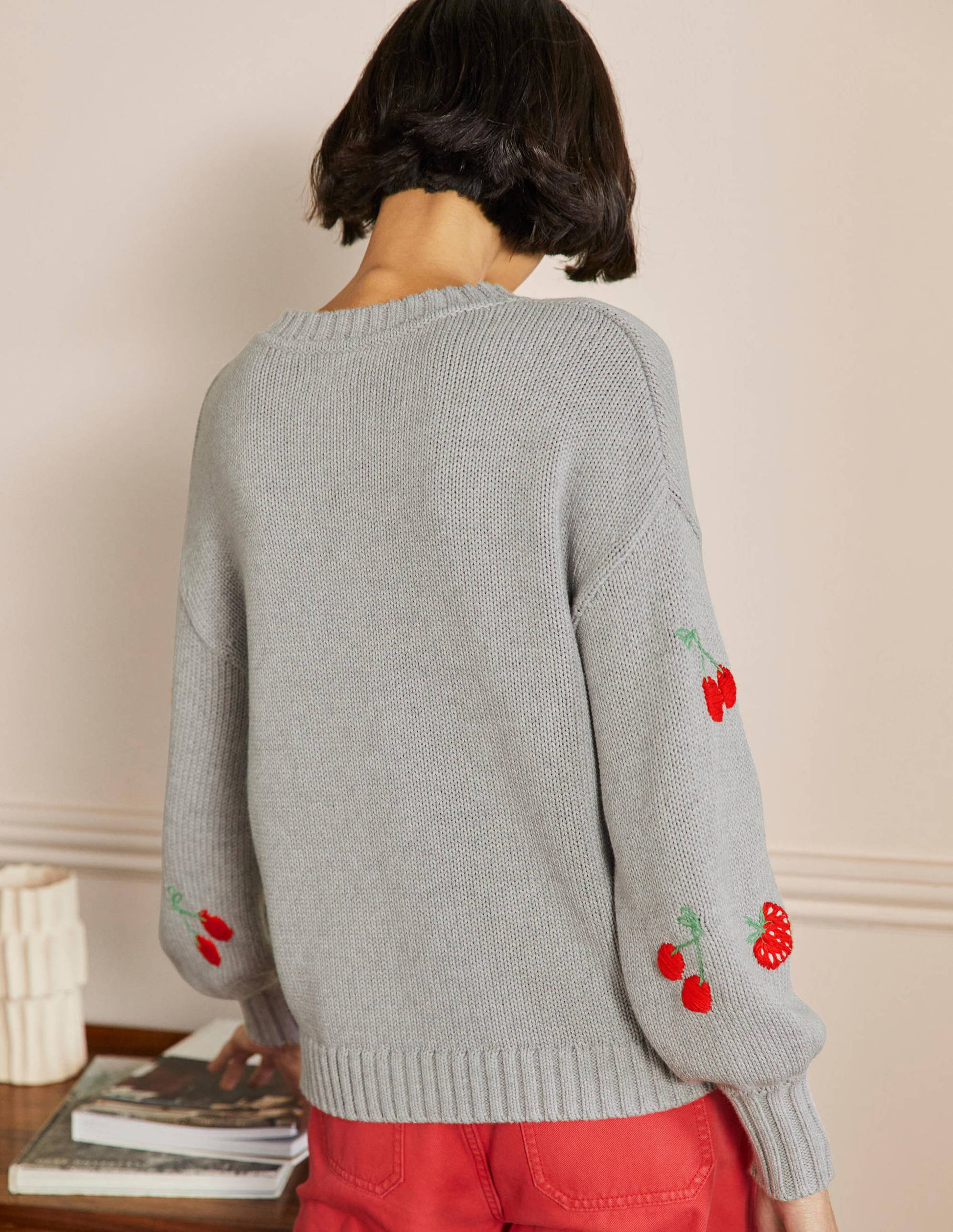 Embroidered Blouson Jumper-Silver Melange, Berries-3