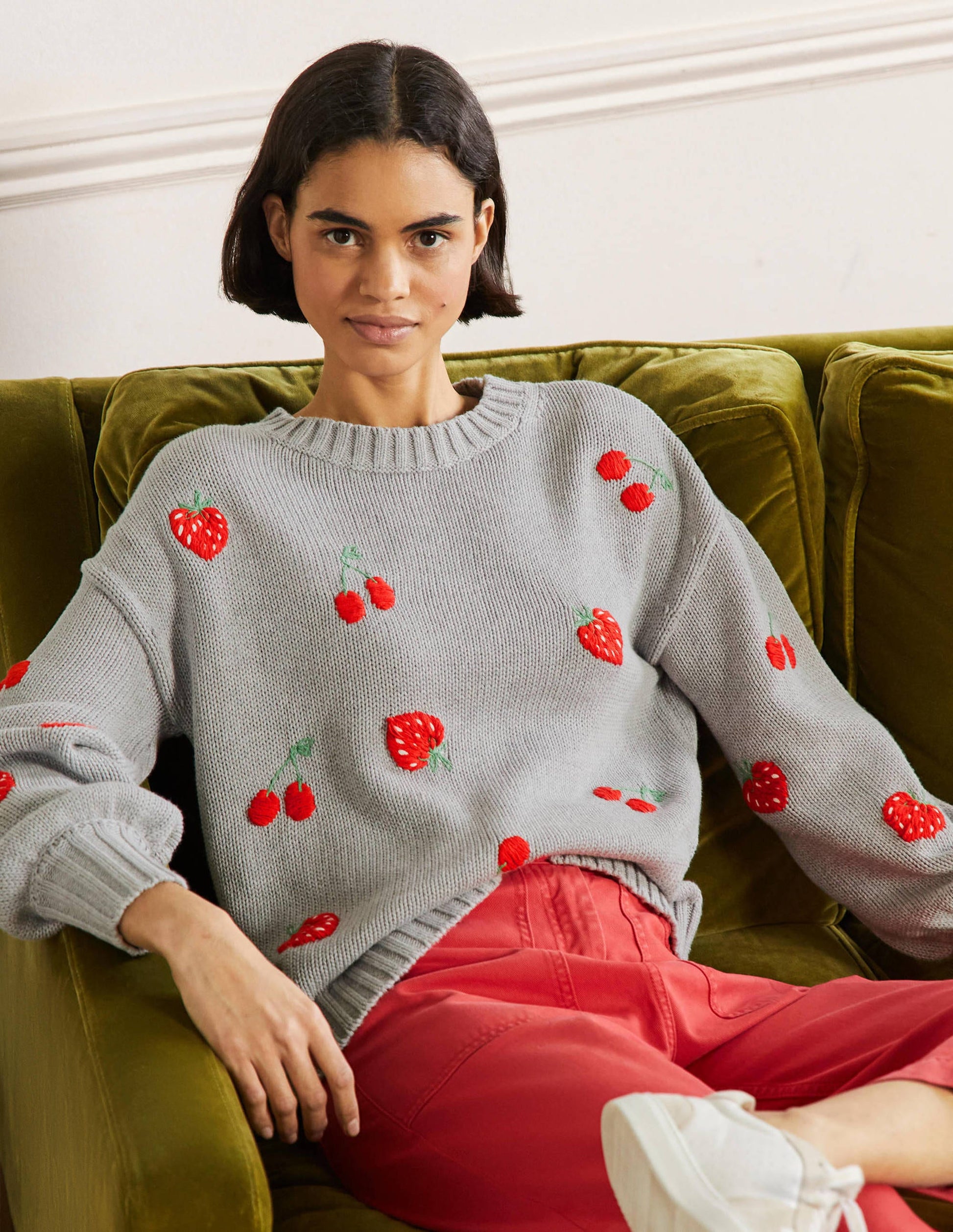 Embroidered Blouson Jumper-Silver Melange, Berries-4