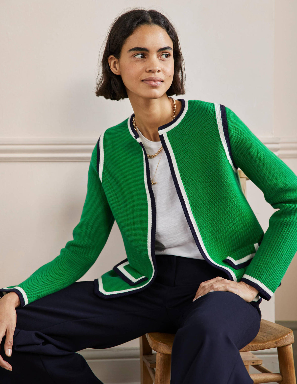 Gestreifte Strickjacke mit Borte-Schottengrün - Image 1