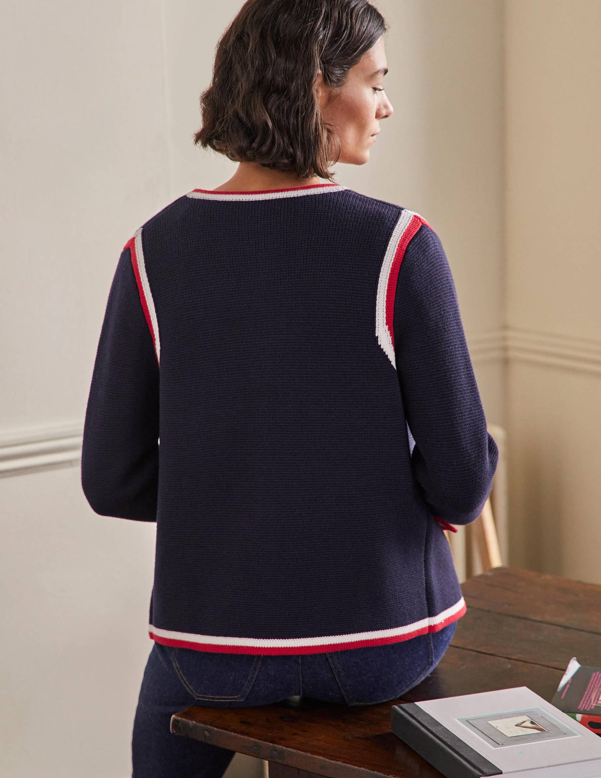 Veste en maille à détail rayé-Bleu marine-3