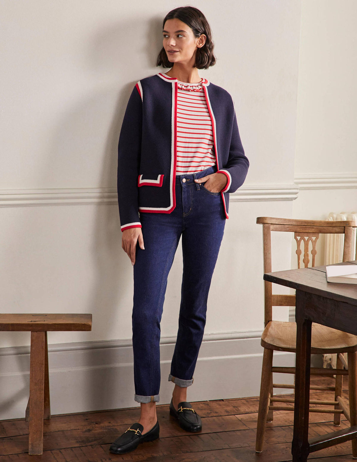Veste en maille à détail rayé-Bleu marine - Image 4