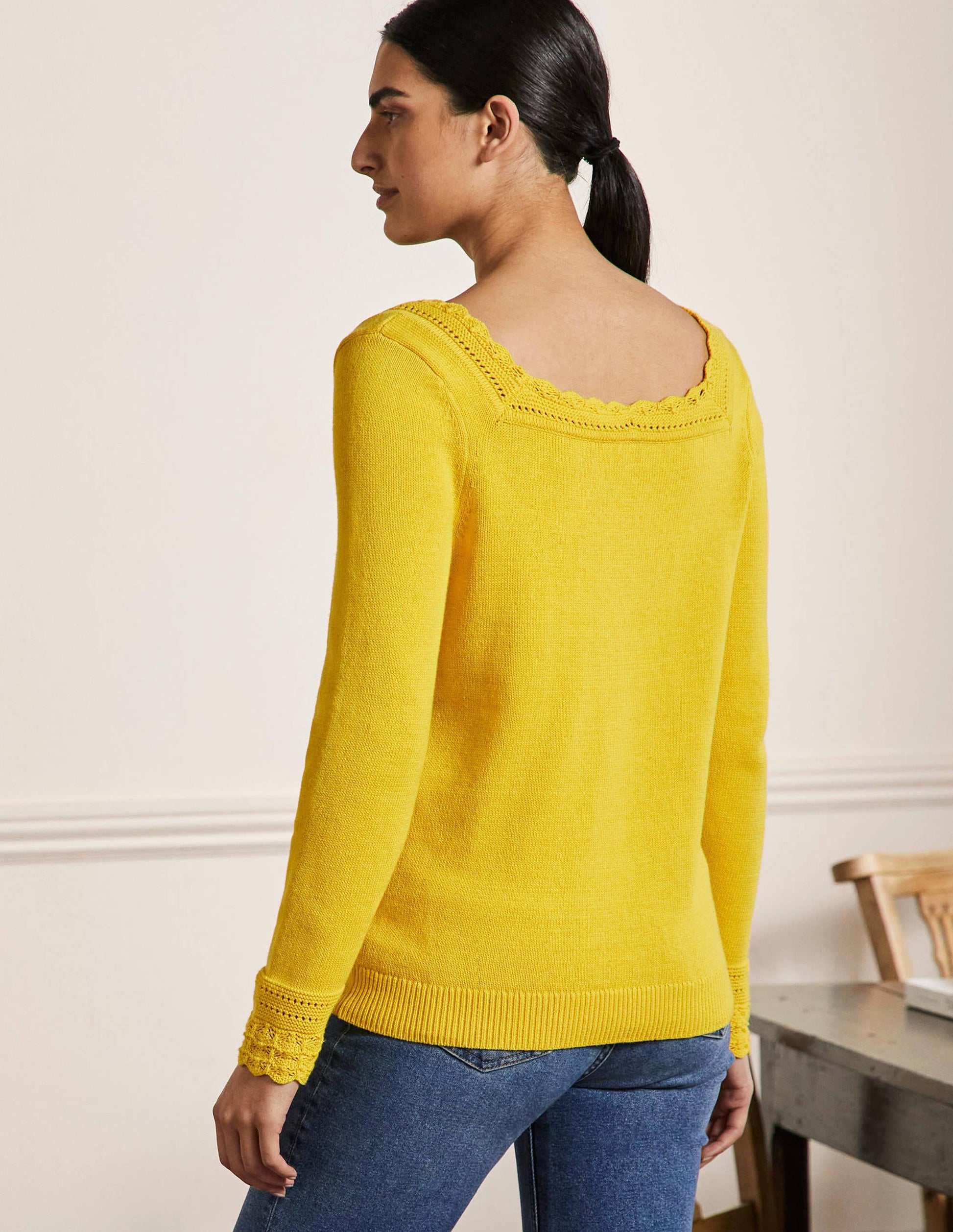 Pullover mit gehäkeltem Muschelsaum-Rauchgelb-3