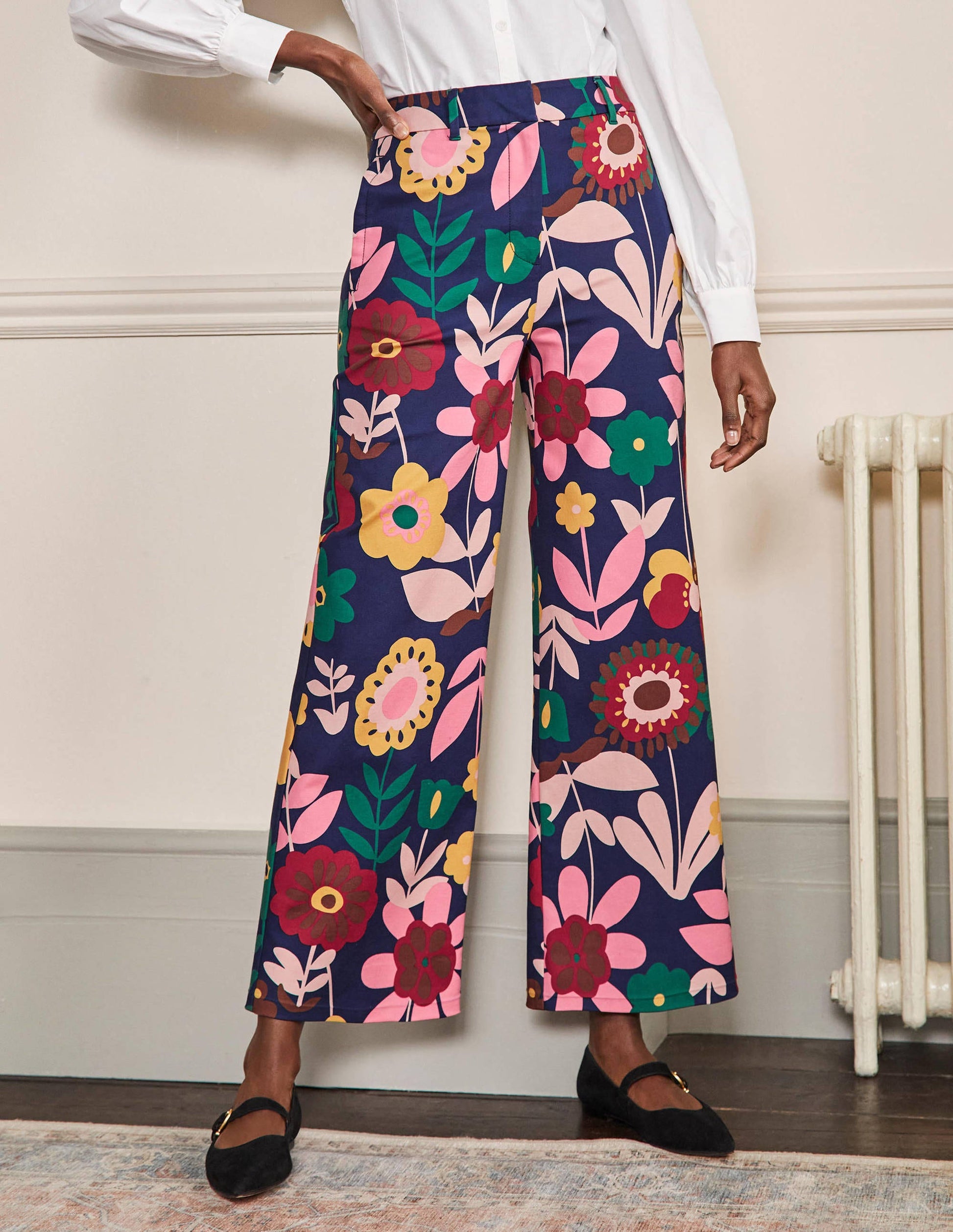 Pantalon Richmond taille haute-Bleu marine foncé, motif Flora Bloom-2