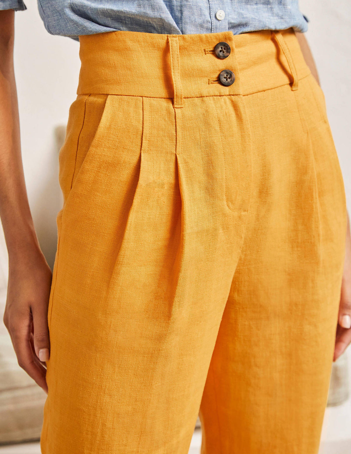 Leinenhose mit umgeschlagenen Bündchen-Zinniengelb-2