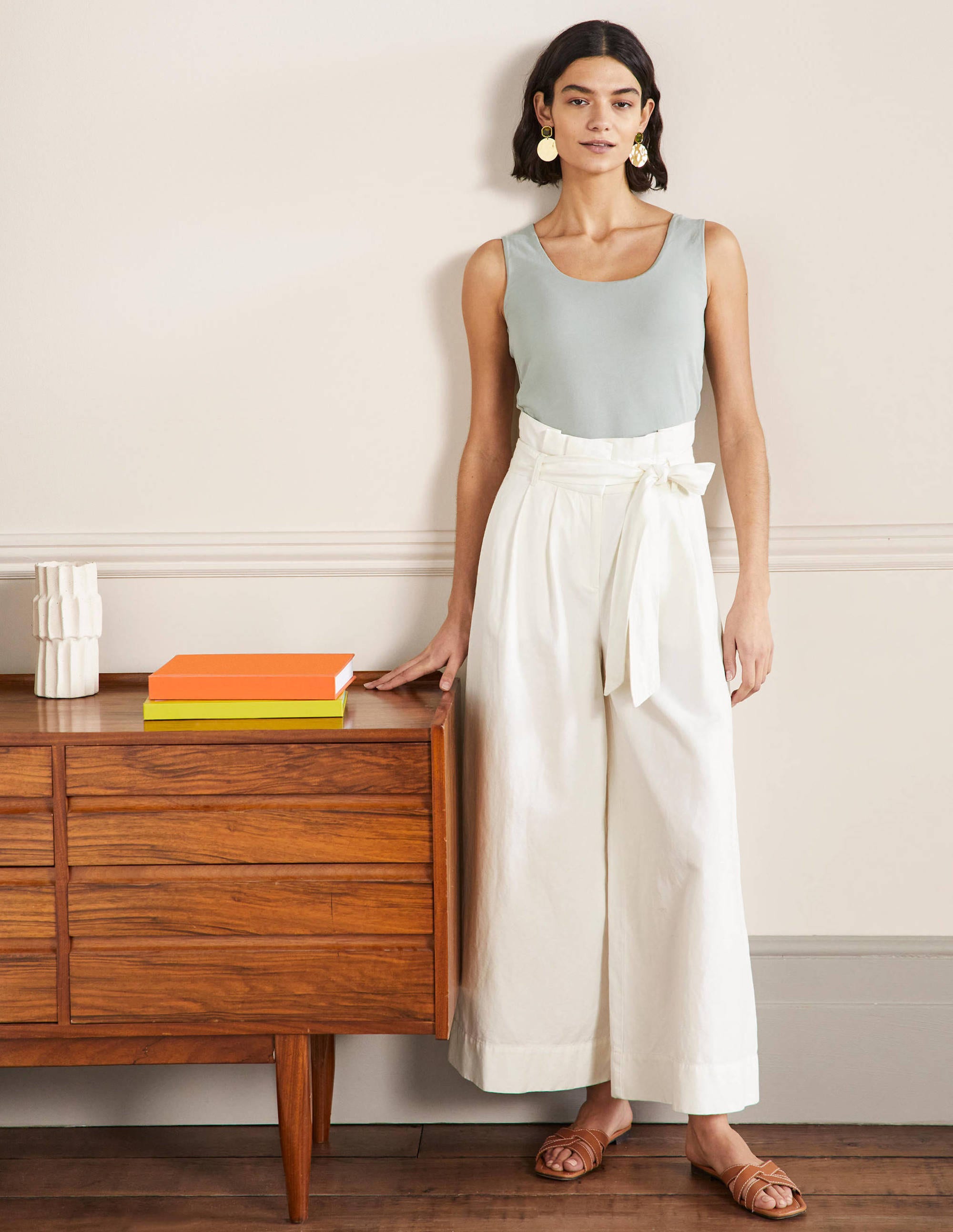 Linen Blend Wide Leg Culottes-White - Image 1