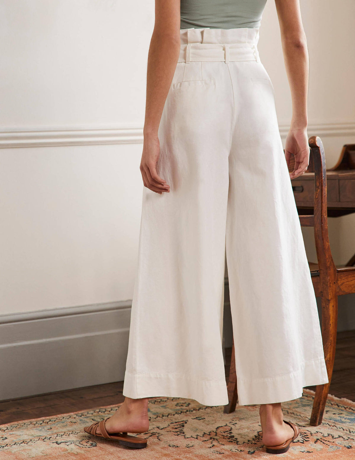 Linen Blend Wide Leg Culottes-White - Image 3