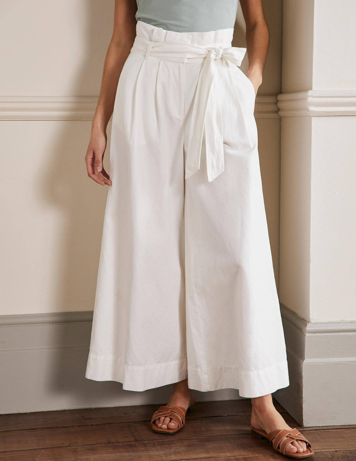 Linen Blend Wide Leg Culottes-White - Image 4
