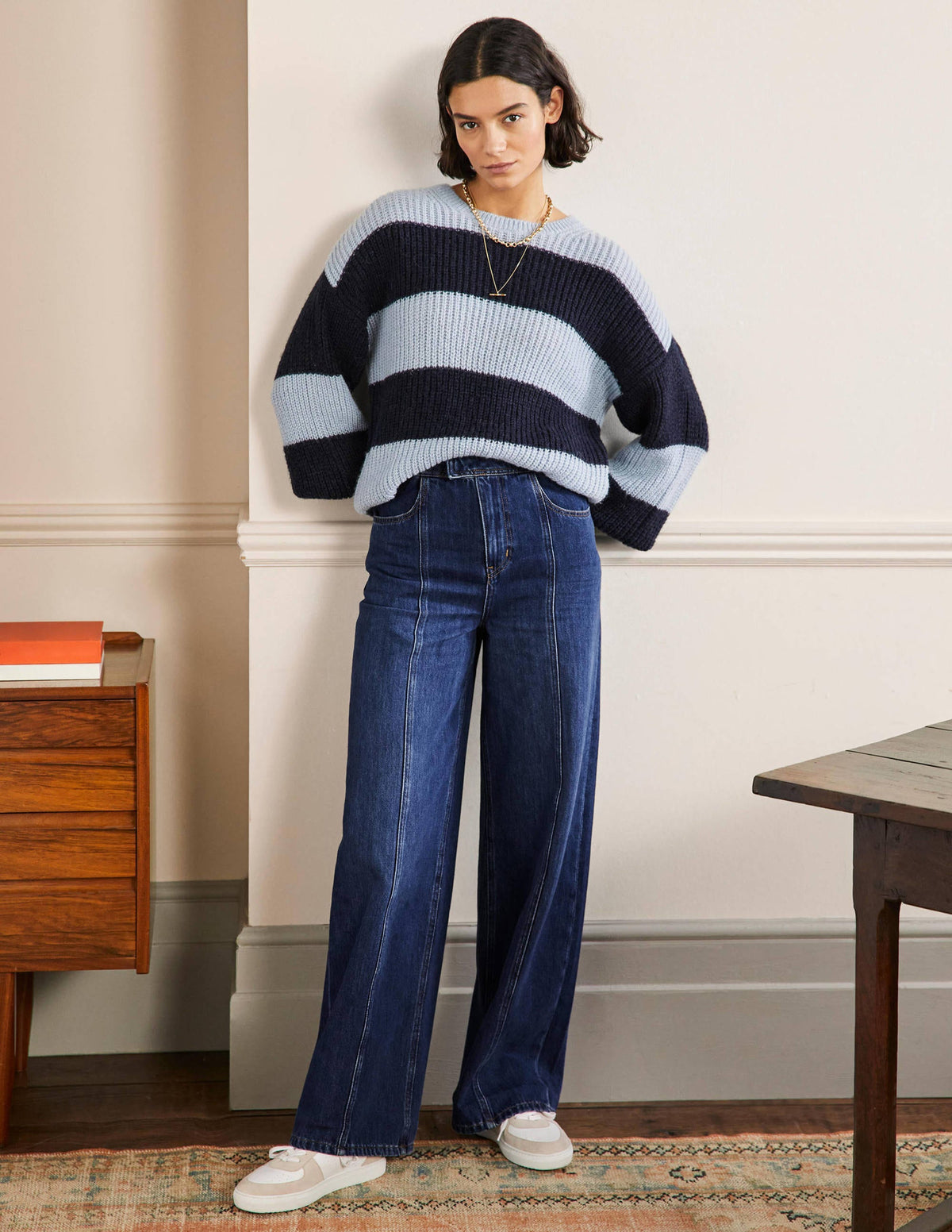 Jeans mit weitem Bein und Ziernaht-Mittleres Vintageblau-1