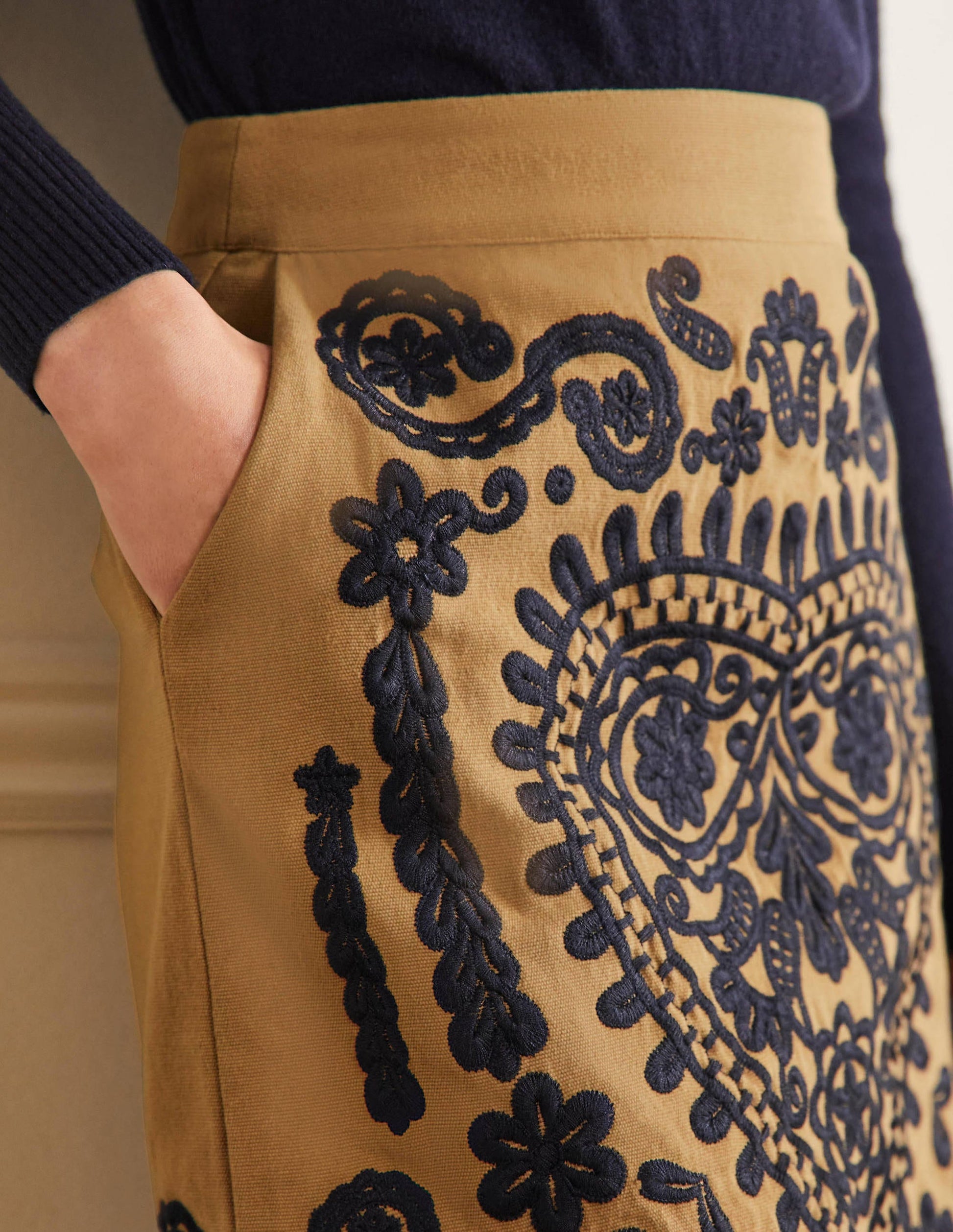 Embroidered Mini Skirt-Camel/Navy Embroidered-2