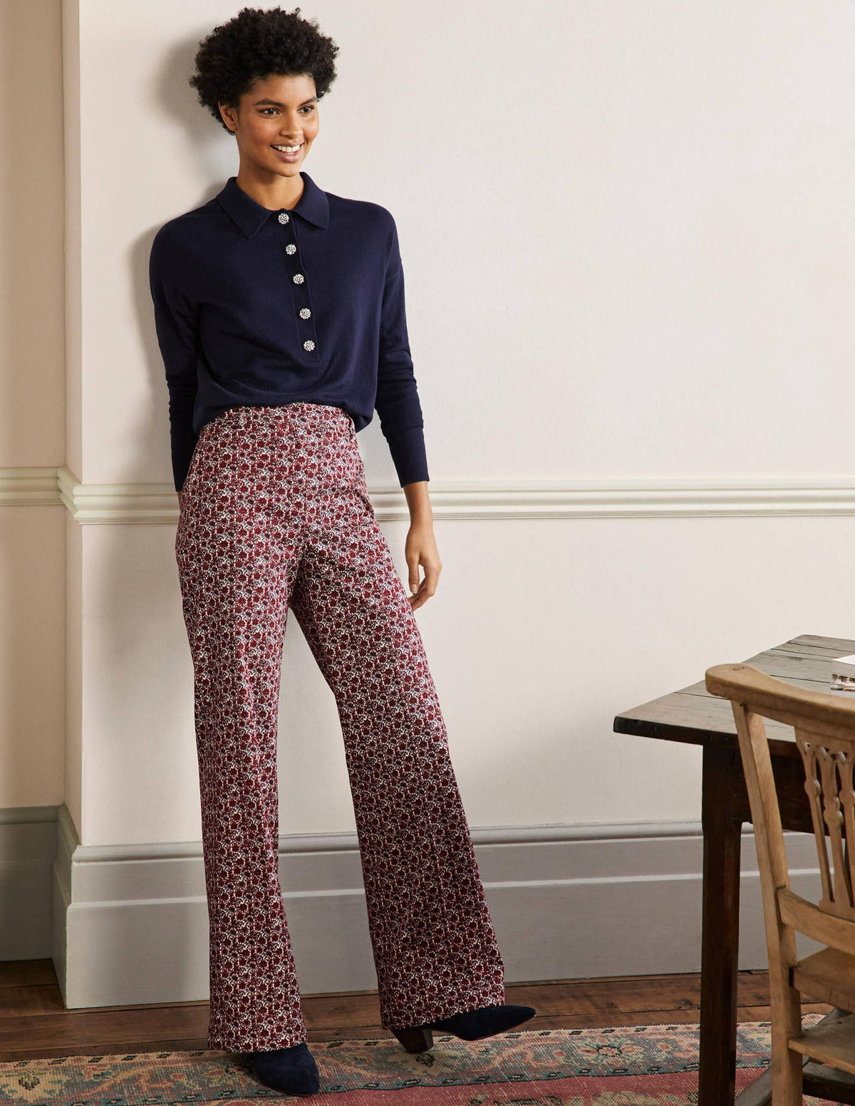 Gemusterte Hose mit weitem Bein-Rot/Graublau, Blumenmuster-1