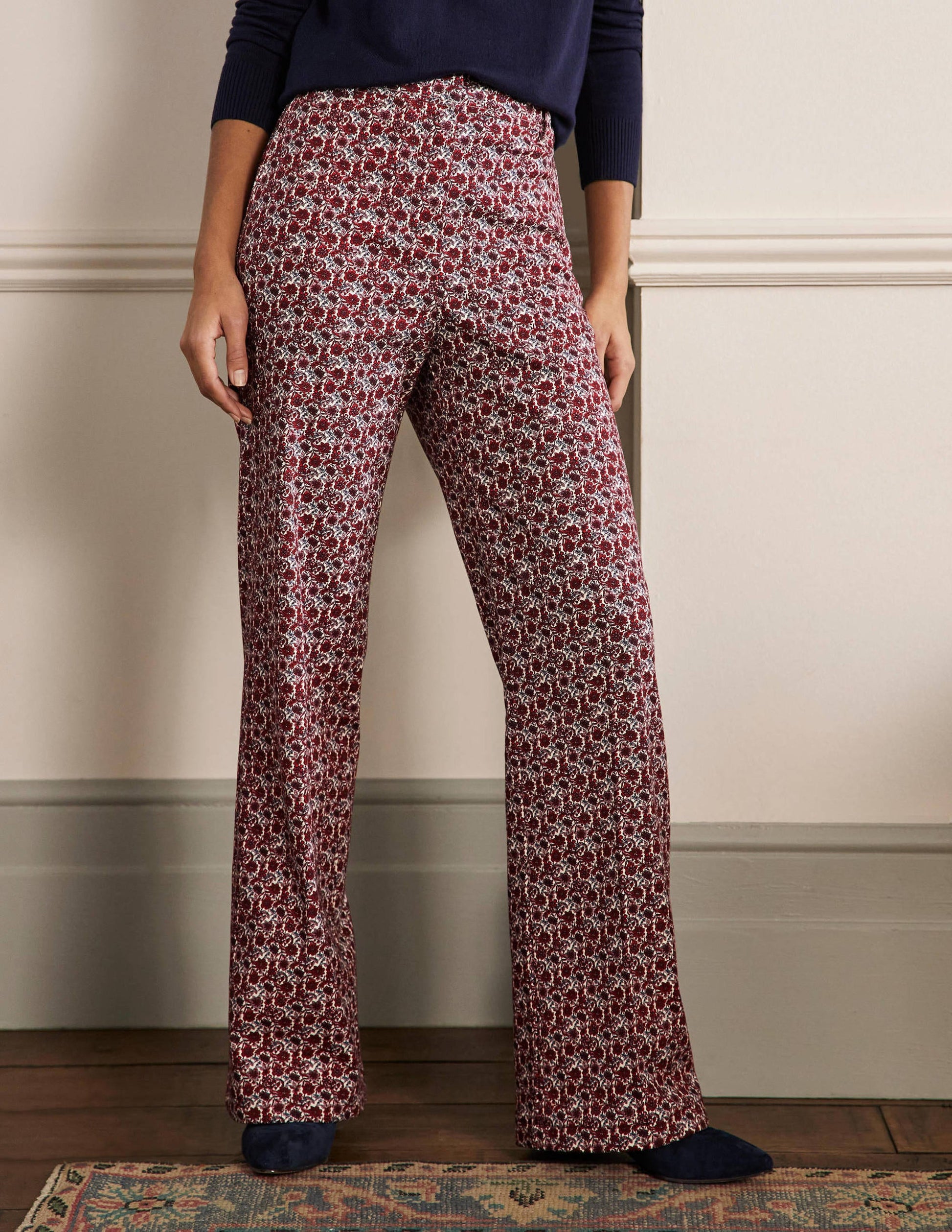 Gemusterte Hose mit weitem Bein-Rot/Graublau, Blumenmuster-4