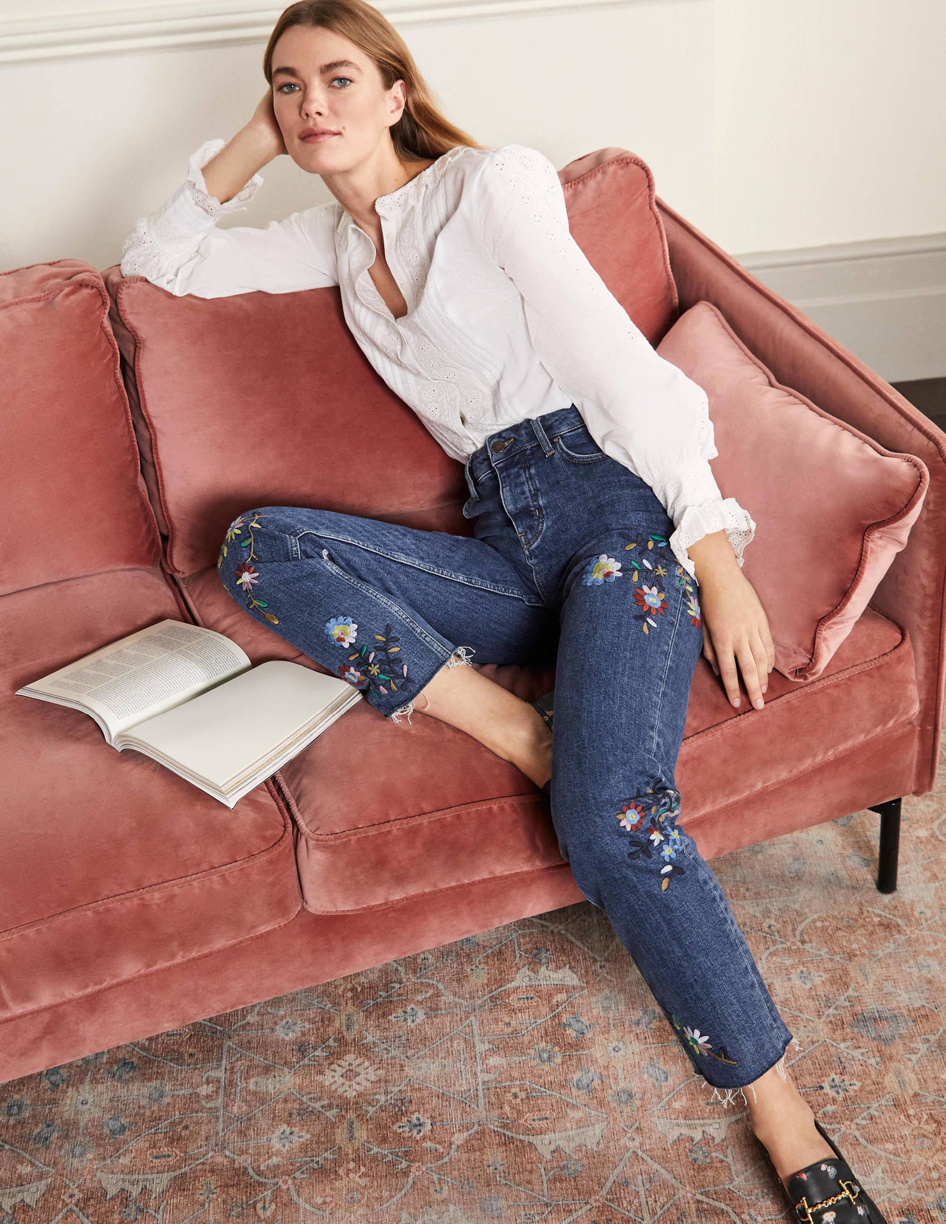 Jean droit décontracté-Broderies vintage moyen-1