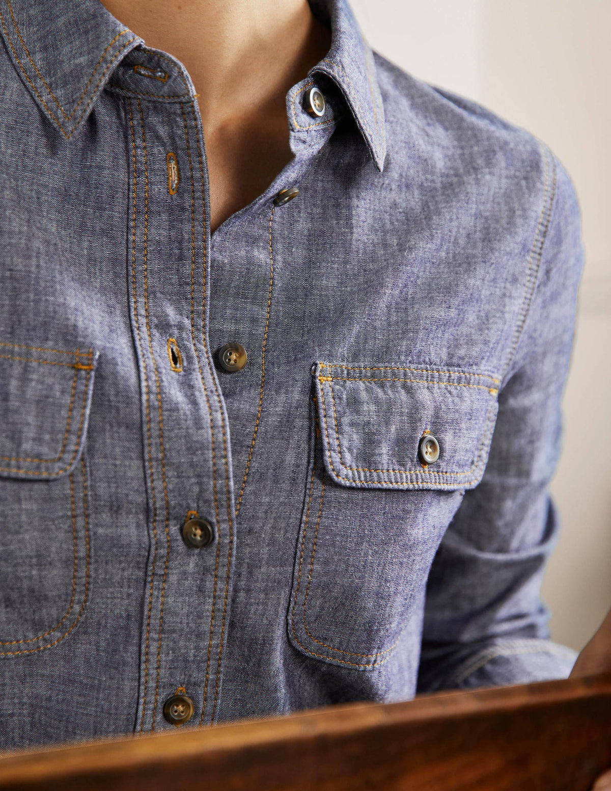 Baumwollchambray-Hemd mit Tasche-Mittleres Vintageblau, Denim - Image 2