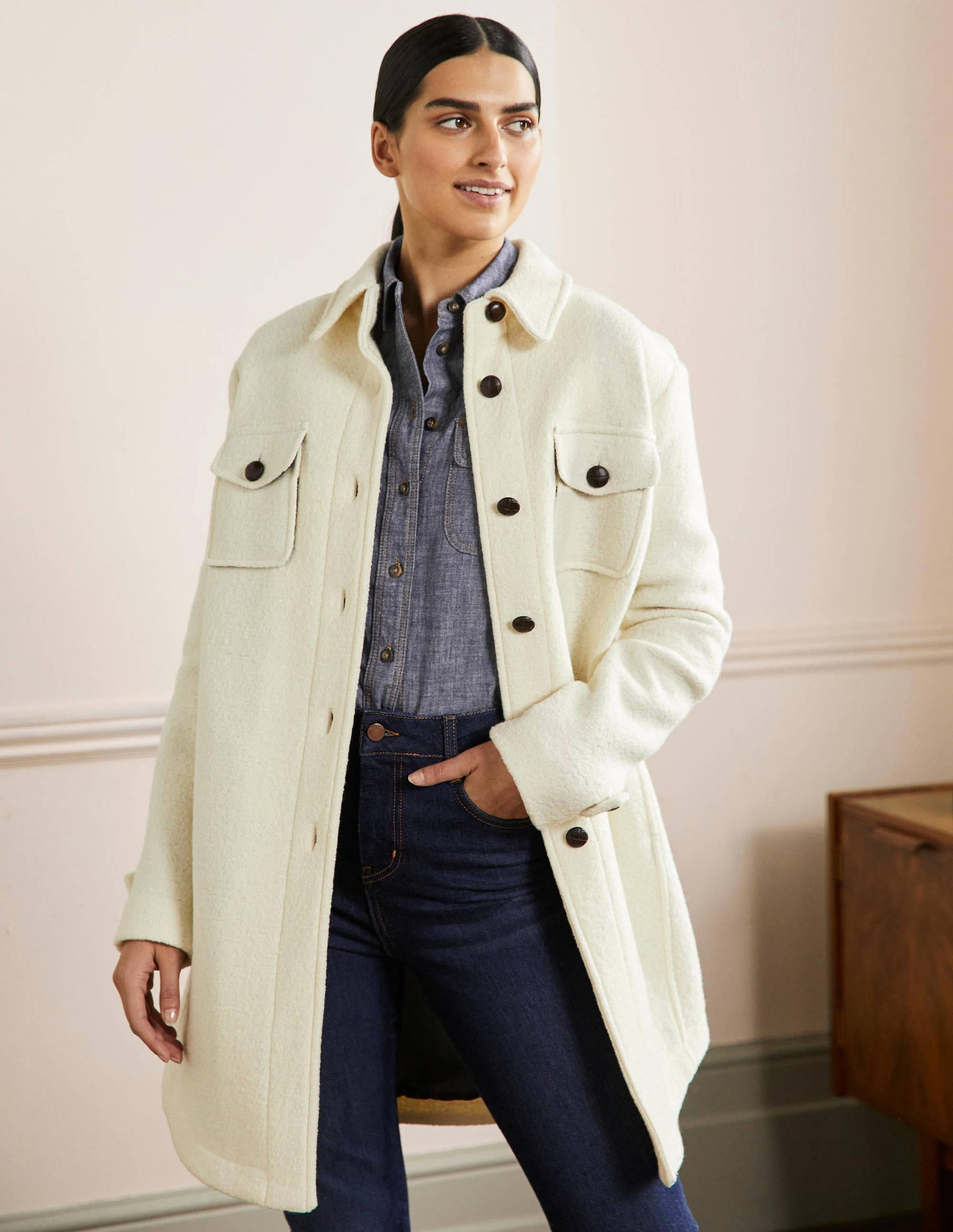 Baumwollchambray-Hemd mit Tasche-Mittleres Vintageblau, Denim-5
