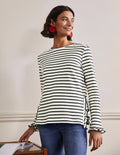 Frilled Side Split Jersey Top-Ivory / Navy Stripe