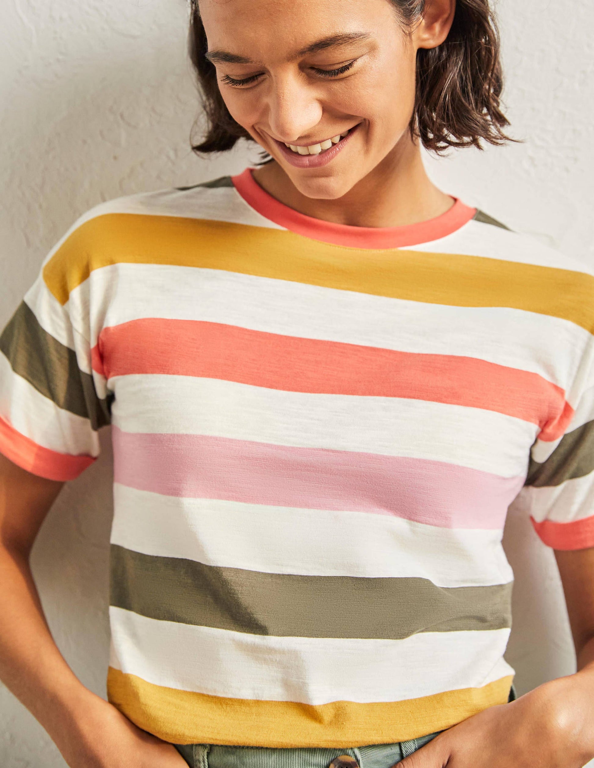 Turn Up Cuff Cotton T-shirt-Formica Pink, Hot Coral Multi-1