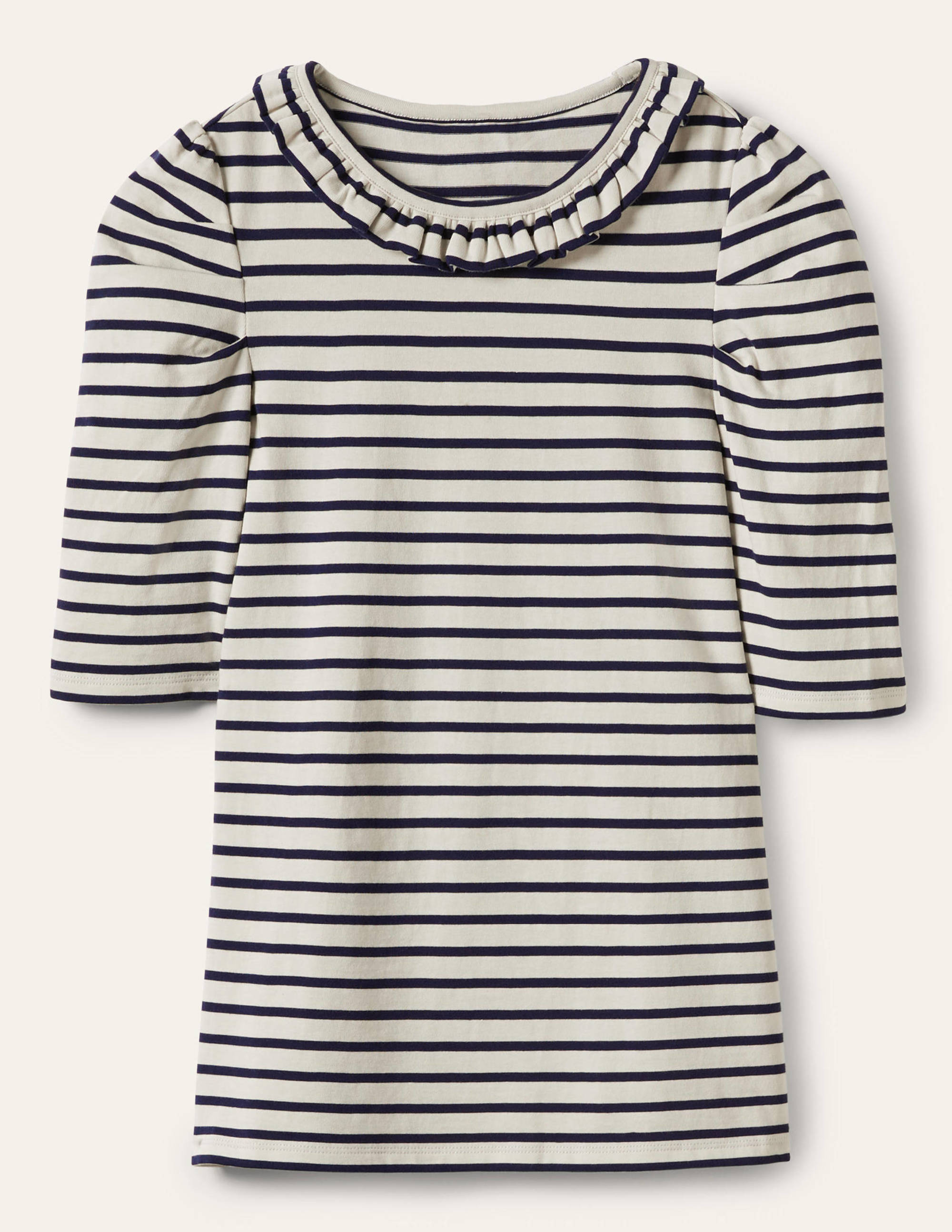 T-Shirt mit Puffärmeln und Rüschenausschnitt-Naturweiß/Navy, Gestreift - Image 5