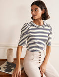 T-Shirt mit Puffärmeln und Rüschenausschnitt-Naturweiß/Navy, Gestreift