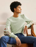 Embroidered Blouson Sweatshirt-Avocado Cream, Embroidery