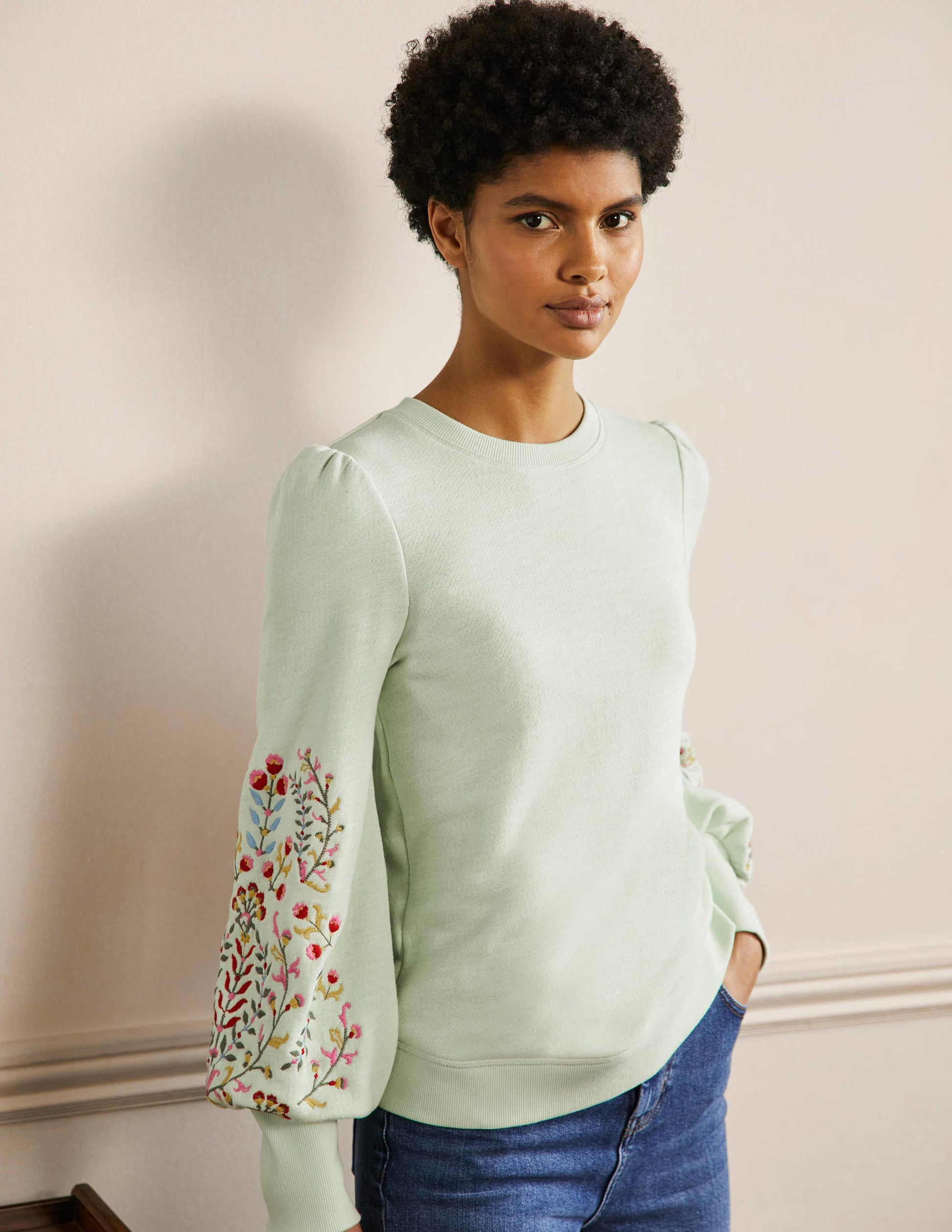 Embroidered Blouson Sweatshirt-Avocado Cream, Embroidery-5