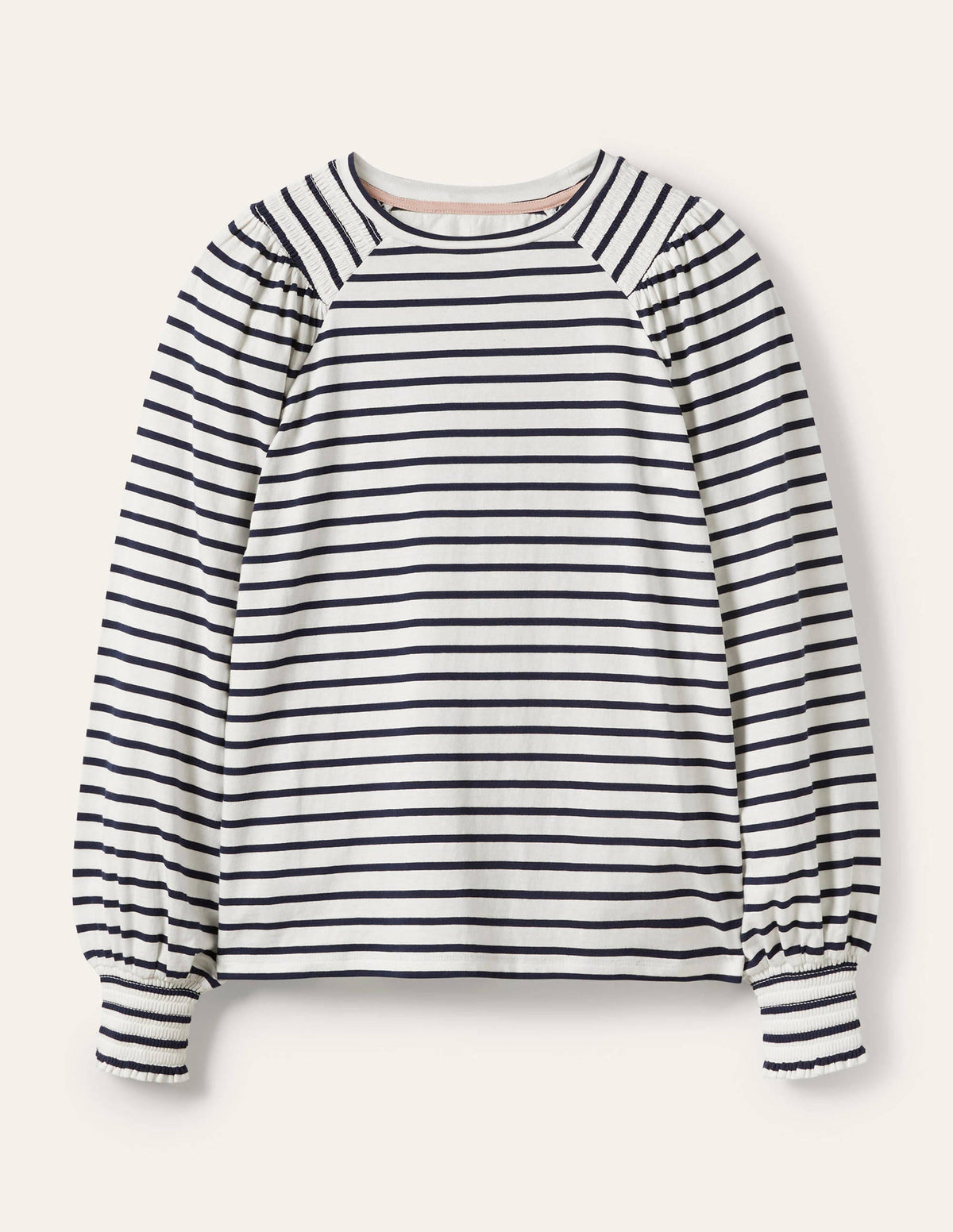 Gesmoktes Jerseyoberteil mit Blousonärmeln-Naturweiß/Navy, Gestreift - Image 5
