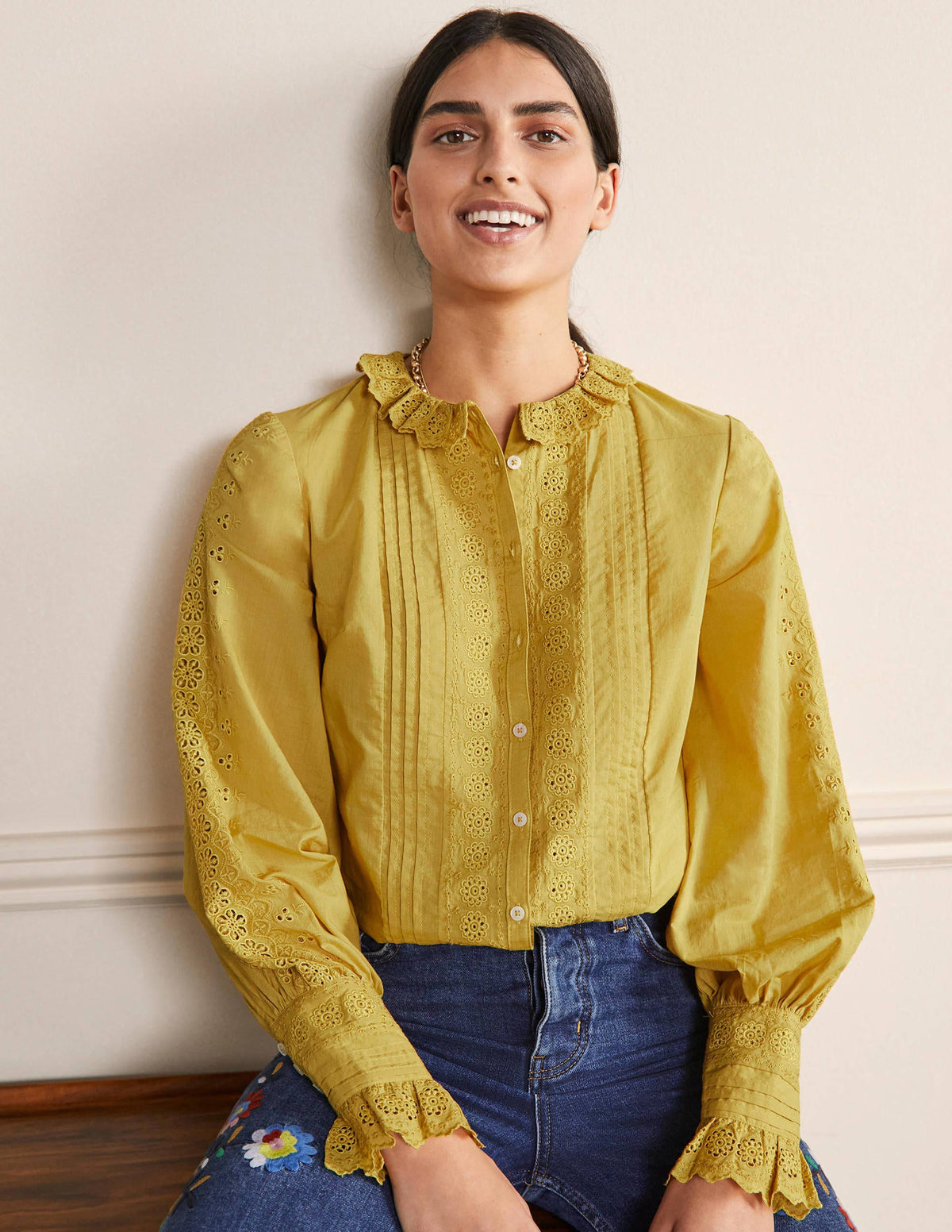 Bluse mit Spitzenborte-Olivenölgrün - Image 1