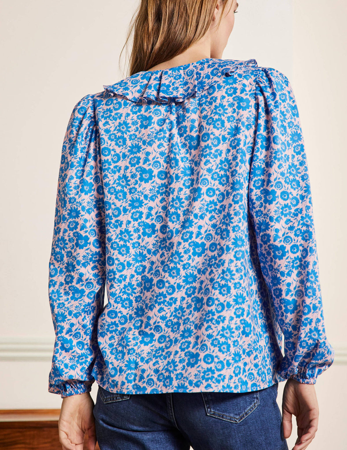 Pleated Collar Blouse-Moroccan Blue Elegant Bloom - Image 3