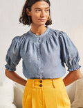 Gesmokte Bluse mit kurzen Ärmeln-Faux-Uni