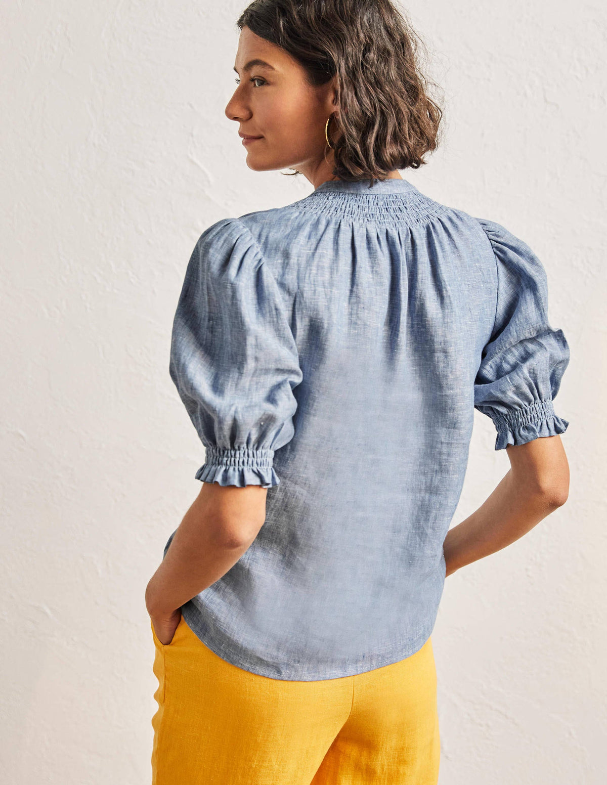Gesmokte Bluse mit kurzen Ärmeln-Faux-Uni - Image 3