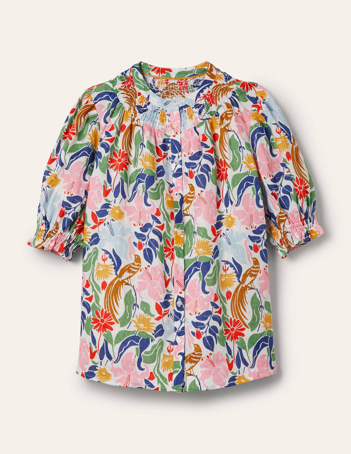 Smocked Short Sleeve Blouse-Ivory, Oriental Bird-6