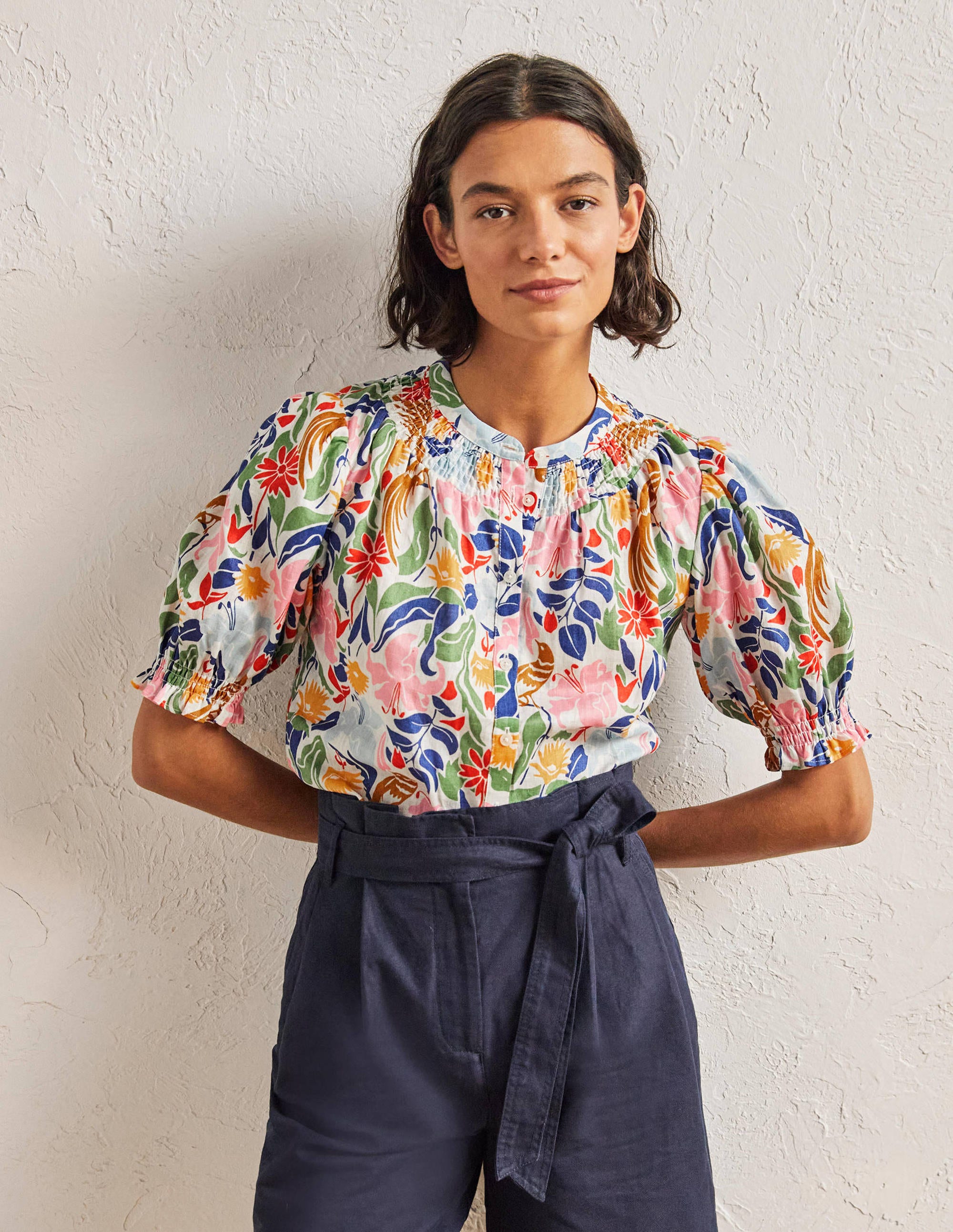 Smocked Short Sleeve Blouse-Ivory, Oriental Bird - Image 1