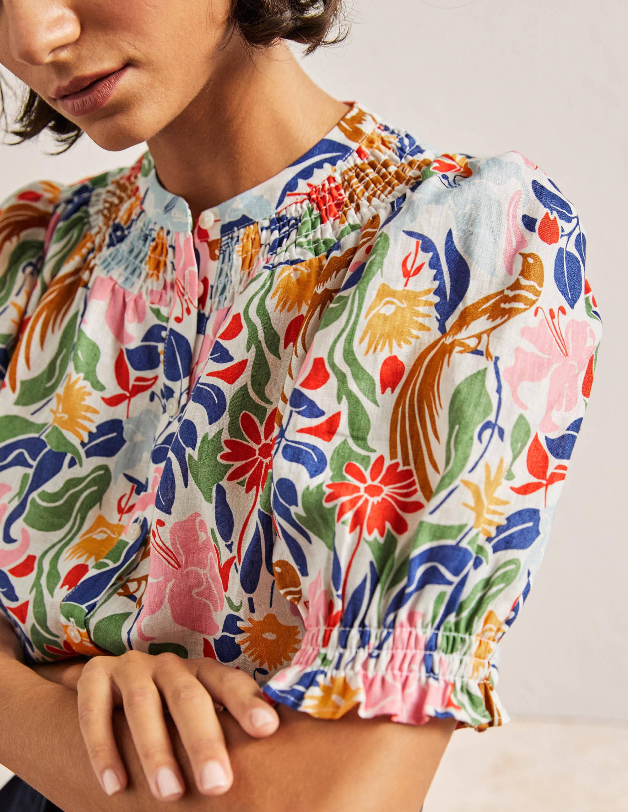 Smocked Short Sleeve Blouse-Ivory, Oriental Bird - Image 2